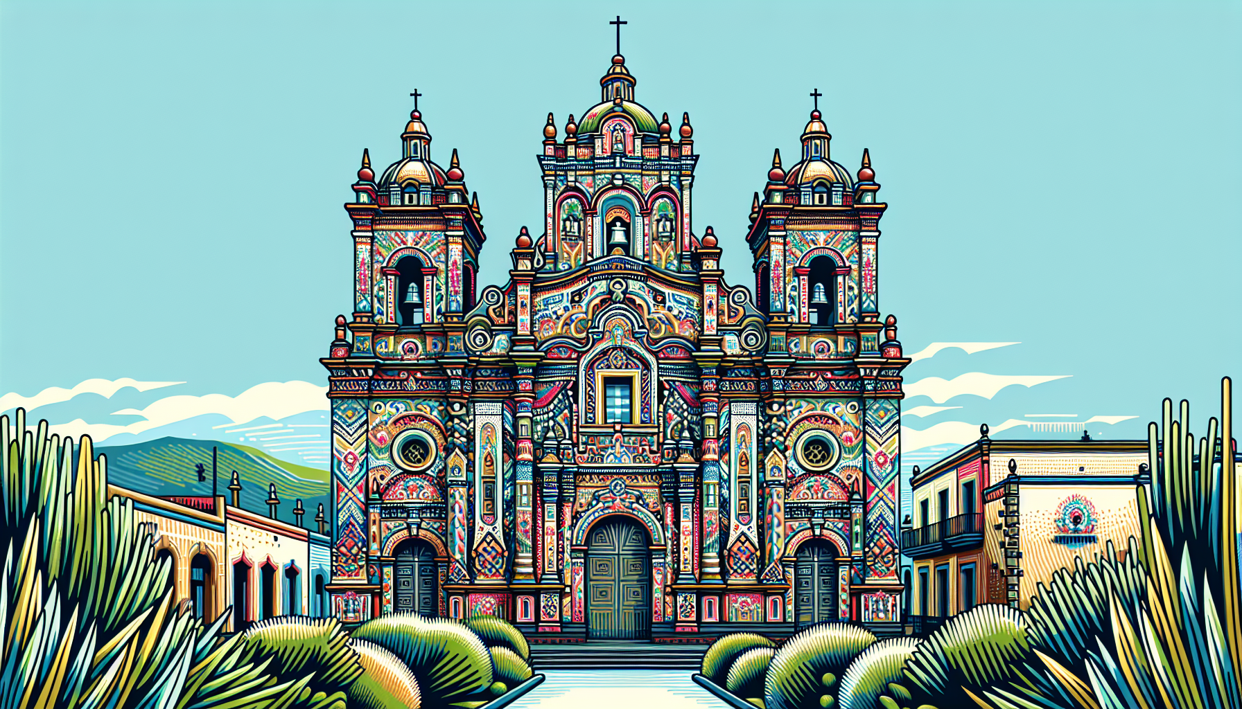 Create an image of a picturesque church in Toluca, Mexico, showcasing its unique architectural features and historical charm. Capture the beauty and grandeur of the church's facade, with intricate det