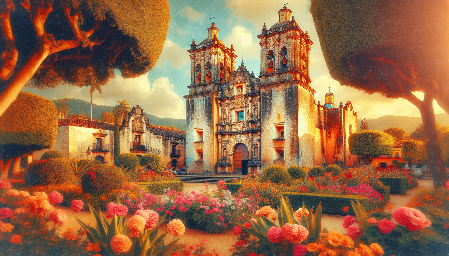 Create an image of a picturesque colonial church in Cuernavaca, Mexico, surrounded by vibrant flowers and lush greenery. The church should be bathed in warm sunlight, showcasing its intricate architec