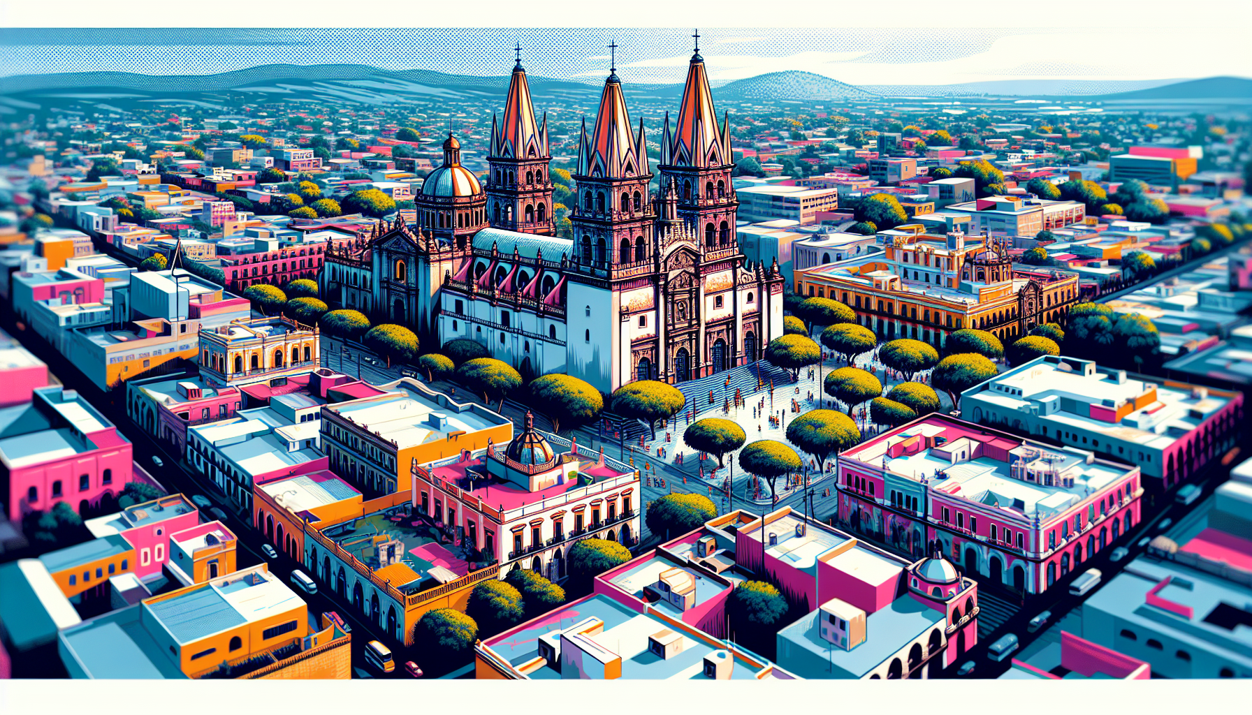 Create an image of a stunning aerial view of the iconic Guadalajara cathedral, surrounded by the colorful colonial buildings and lush greenery of the historic city center. The image should capture the