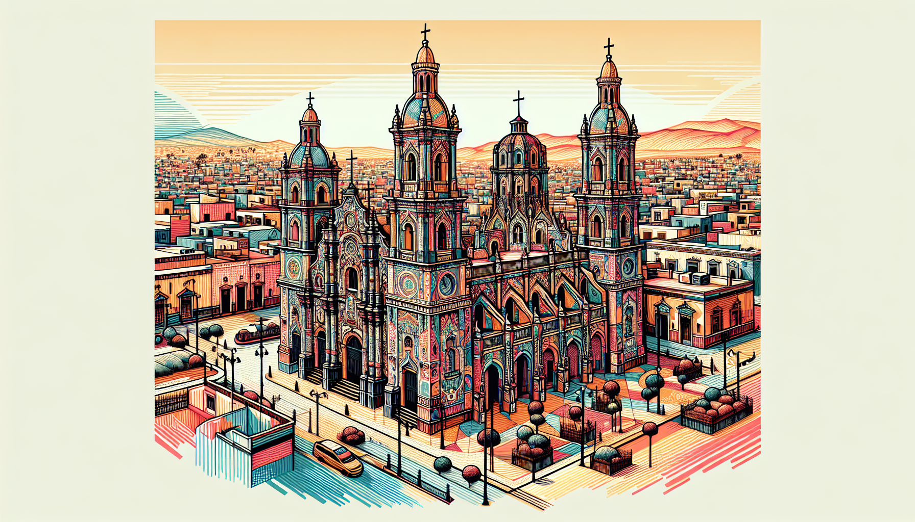 Create an image of a stunning and elaborate church in Hermosillo, Mexico, showcasing its intricate architectural details and vibrant colors that capture the beauty and history of the city.