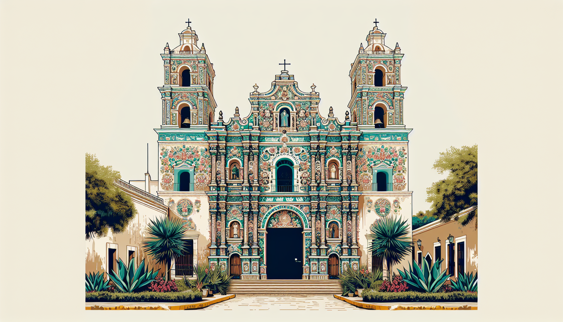 Create an image of a beautiful colonial church in Mérida, Yucatán, Mexico. The church should have intricate details on its facade, vibrant colors reflecting the local culture, and lush greenery surrou