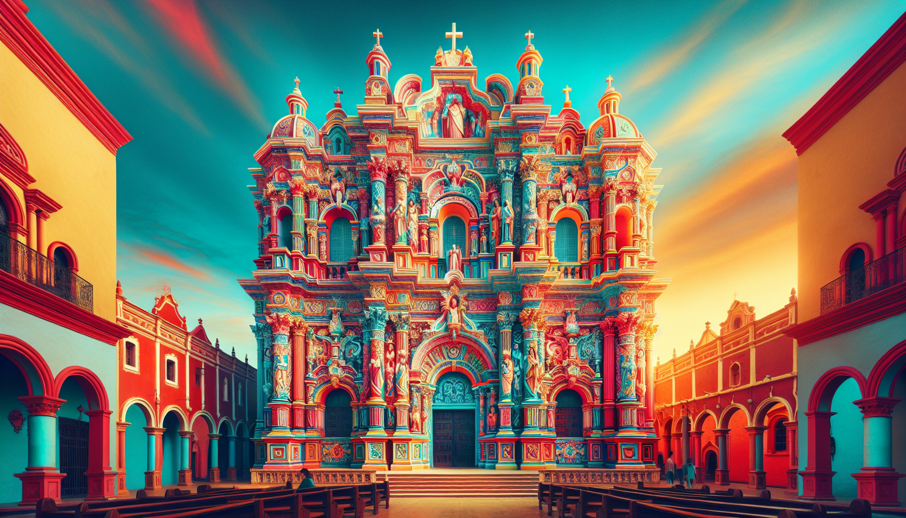 Create an image of a stunning church in Mexicali, showcasing intricate architectural details and vibrant colors, set against a clear blue sky. The church should exude a sense of history and spiritual