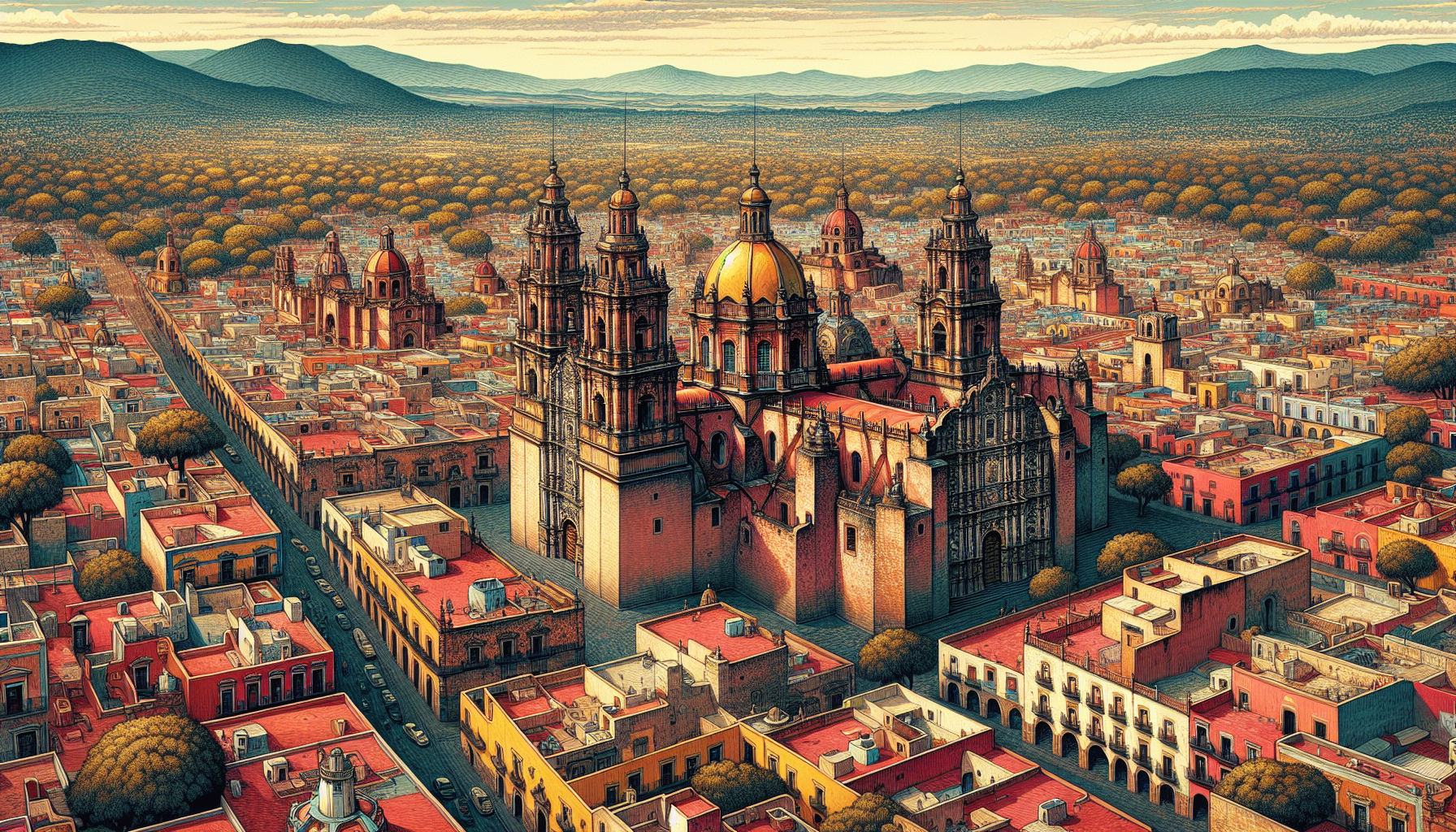 Create an image of a beautiful, detailed aerial view of the historic city of Morelia in Mexico, showcasing its stunning churches and colonial architecture. Show the iconic Cathedral of Morelia standin