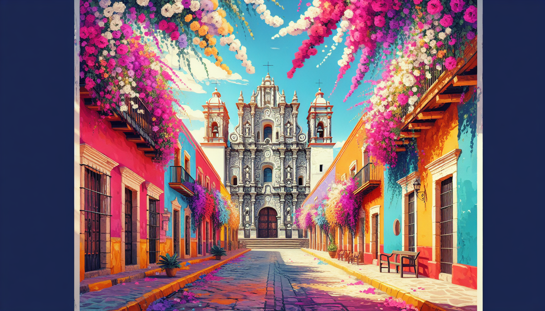 Create an image of a picturesque street in Oaxaca, Mexico with colorful buildings and vibrant bougainvillea flowers cascading down the walls, leading up to a stunning colonial-era church with intricat