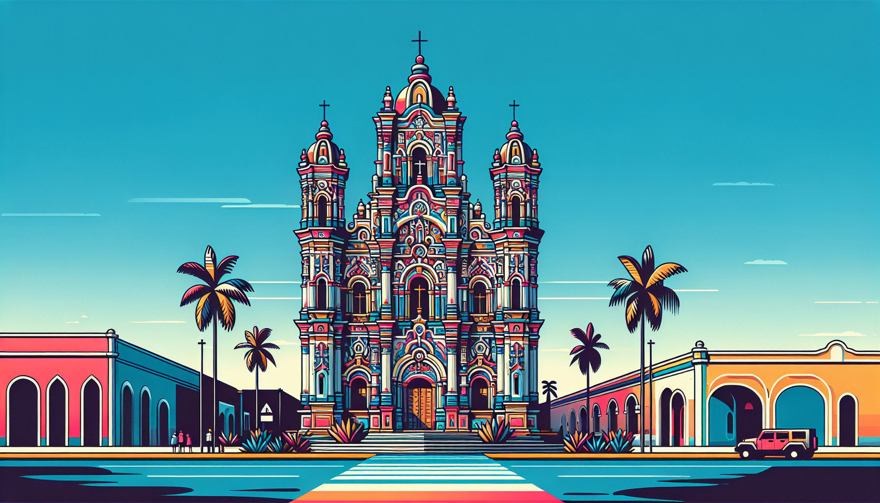 Create an image of a stunning church in Cancun, featuring intricate architectural details, vibrant colors, and a backdrop of a clear blue sky. The church should showcase a blend of traditional Mexican