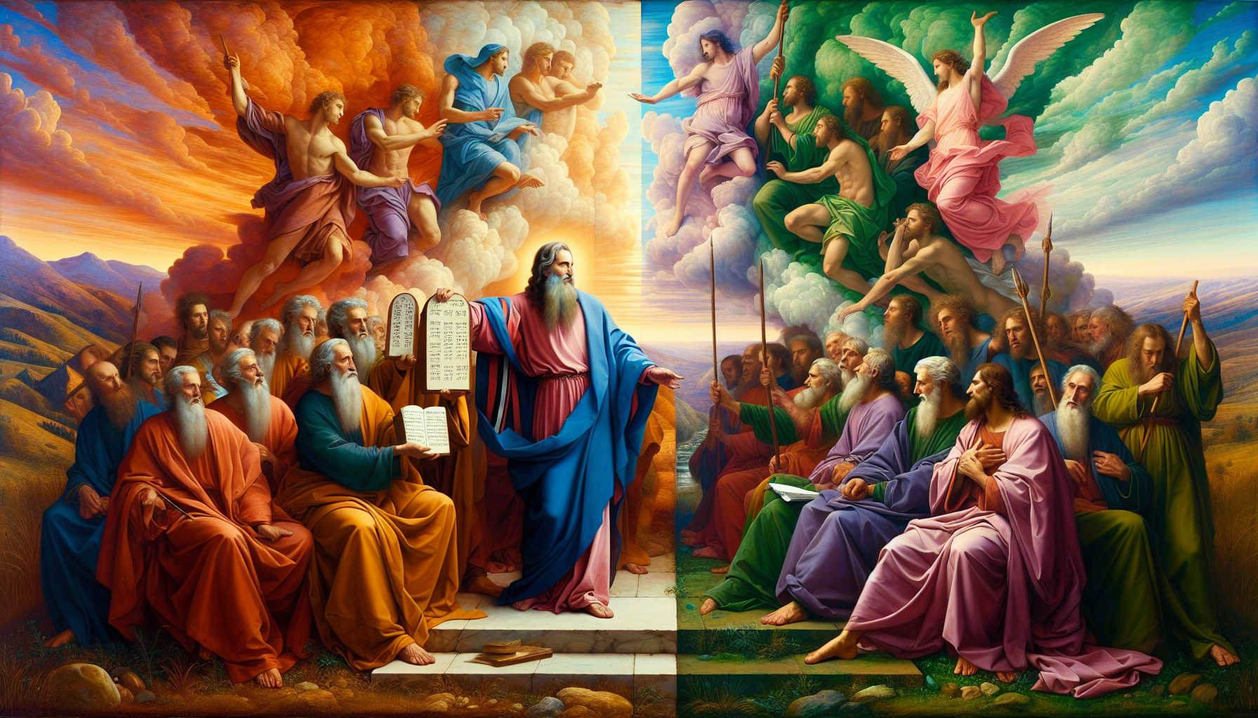 Artistic representation of a split image comparing scenes from the Old Testament and the New Testament, with Moses holding the Ten Commandments on the left and Jesus giving the Sermon on the Mount on