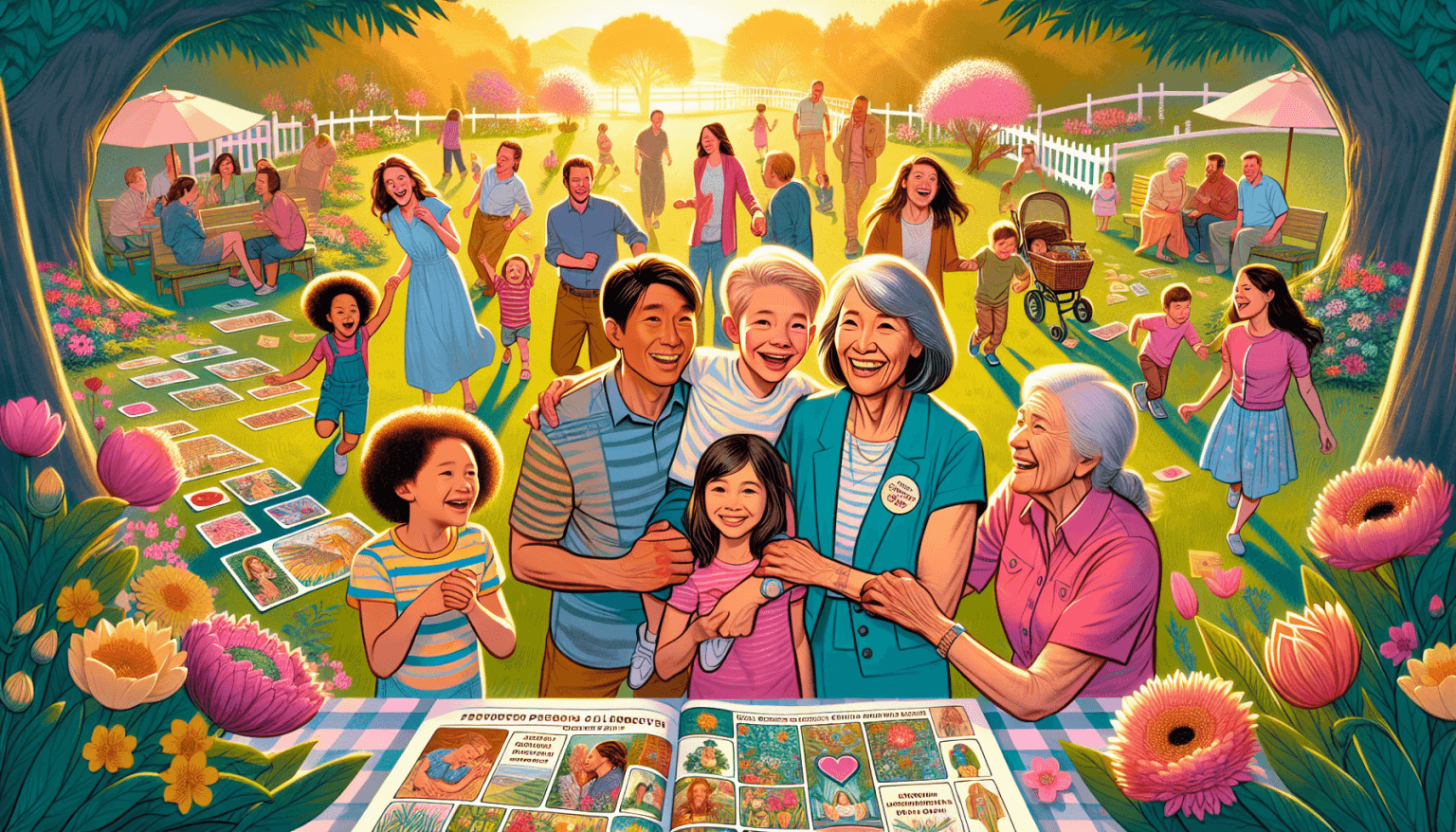 An illustration of a multicultural Christian family engaging in playful activities in a picturesque park, celebrating Mother's Day. In the scene, children and adults are depicted participating in a Ch