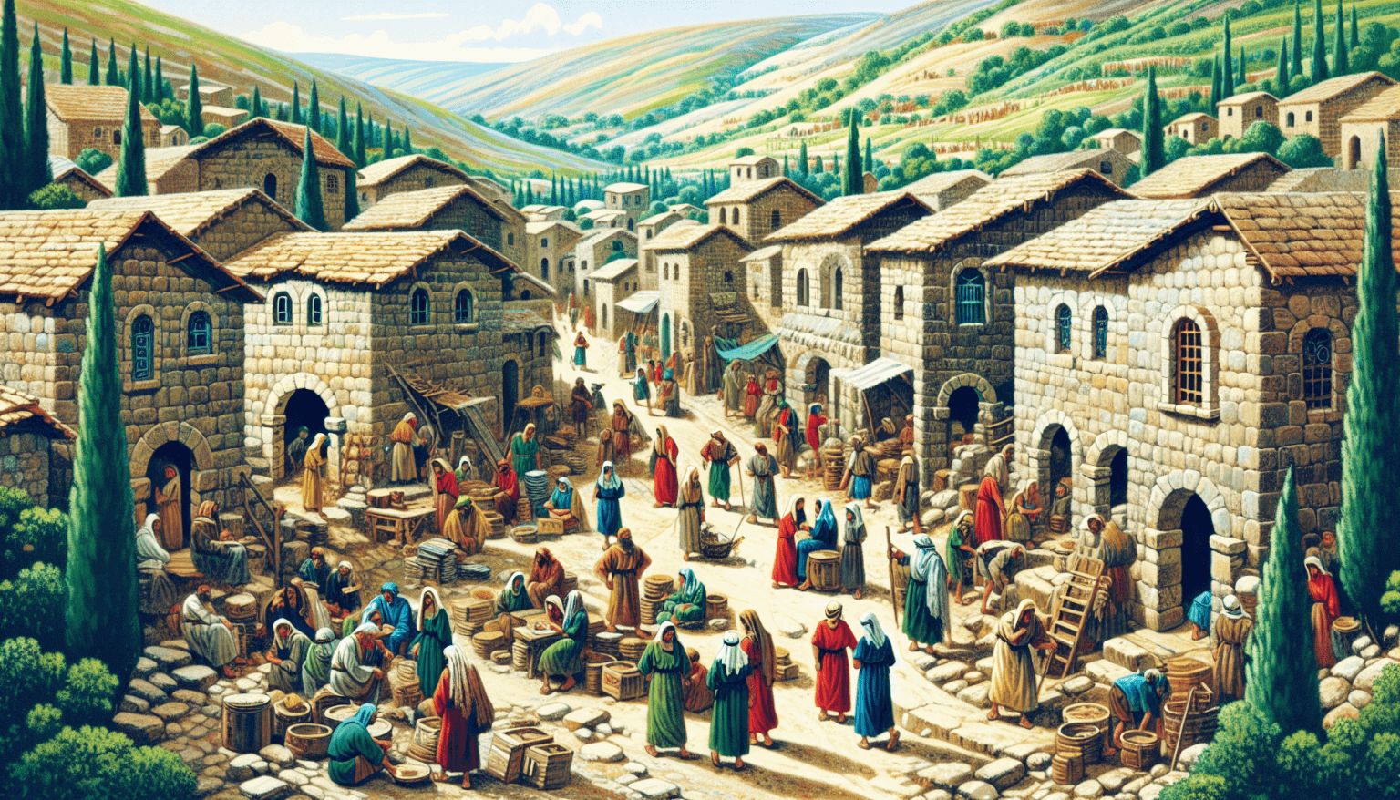Artistic depiction of the ancient village of Nazareth during the time of Jesus, bustling with activity as villagers, including figures resembling Jesus and his disciples, engage in daily tasks amidst