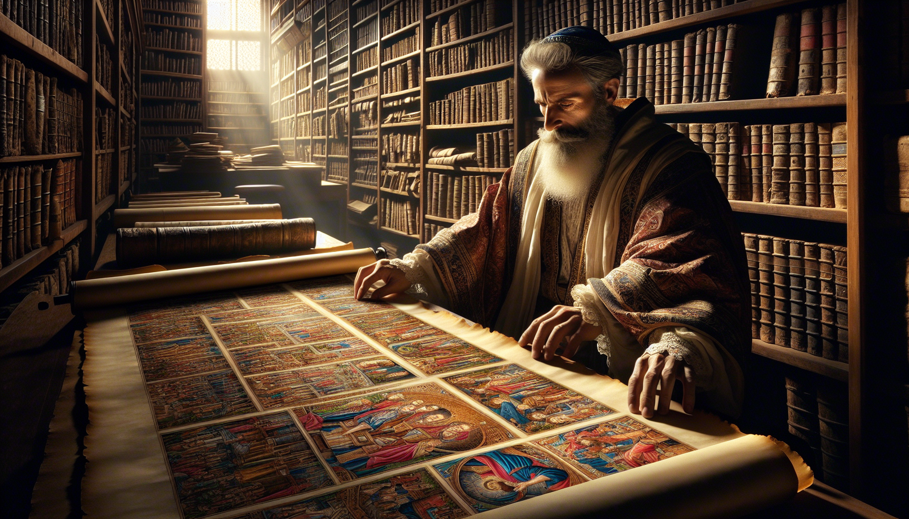 An ancient, sunlit library with rows of timeworn books and scrolls, a middle-aged man with a gentle face and white beard, dressed in traditional biblical attire, intently studying a large, open scroll