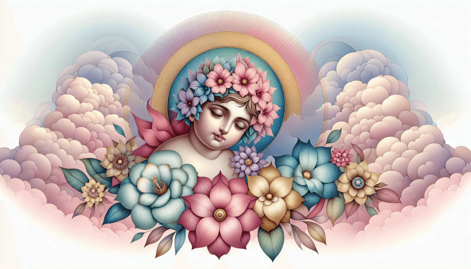 Artistic representation of the Divine Child Jesus surrounded by a halo of glowing flowers, with soft, pastel-colored clouds in the background, each bearing an inspirational short phrase in elegant scr