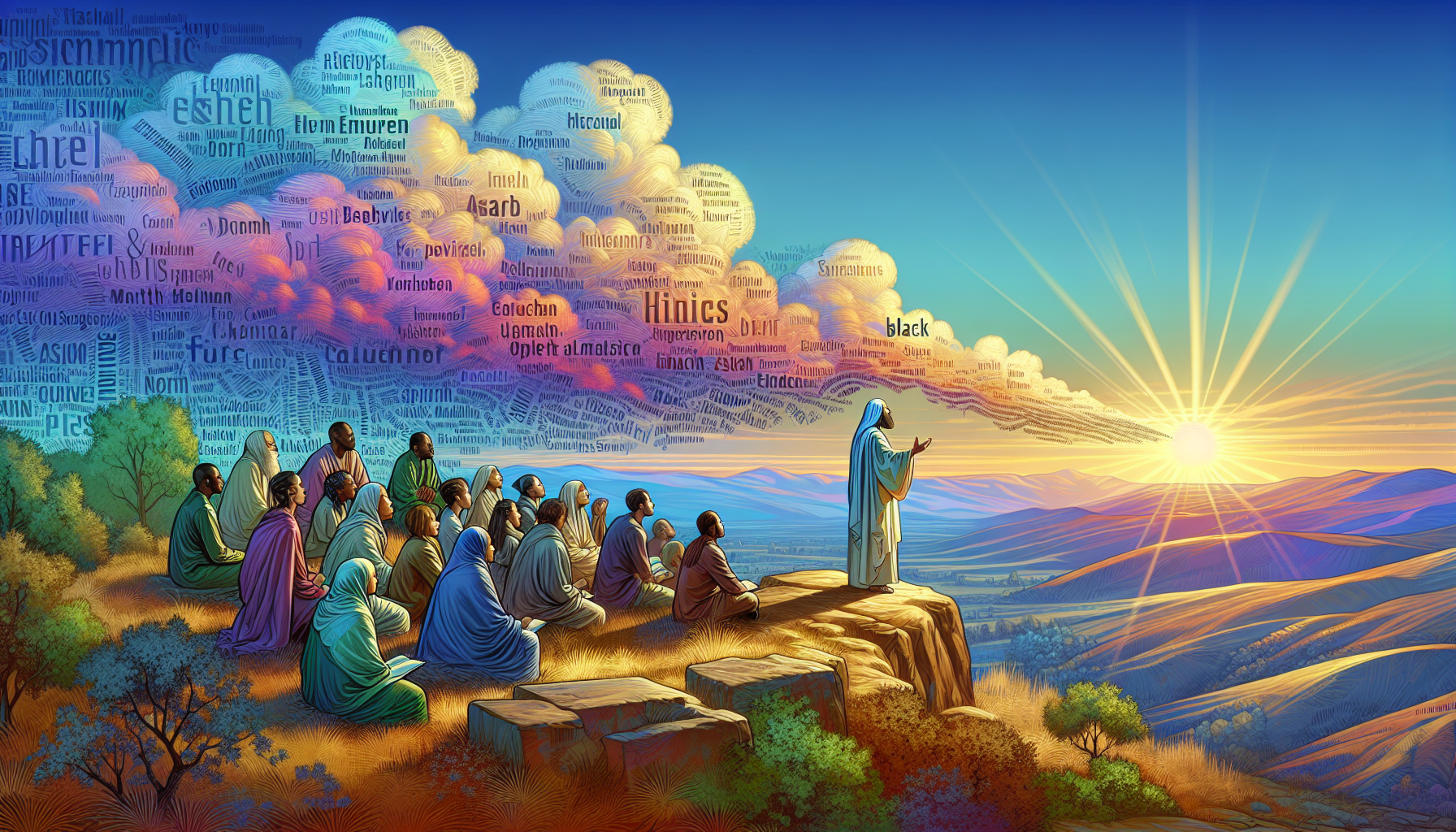 Serene landscape depicting Jesus on a hill during sunset, delivering a peaceful sermon to a diverse, attentive crowd, with words of his famous quotes artistically integrated into the clouds above.