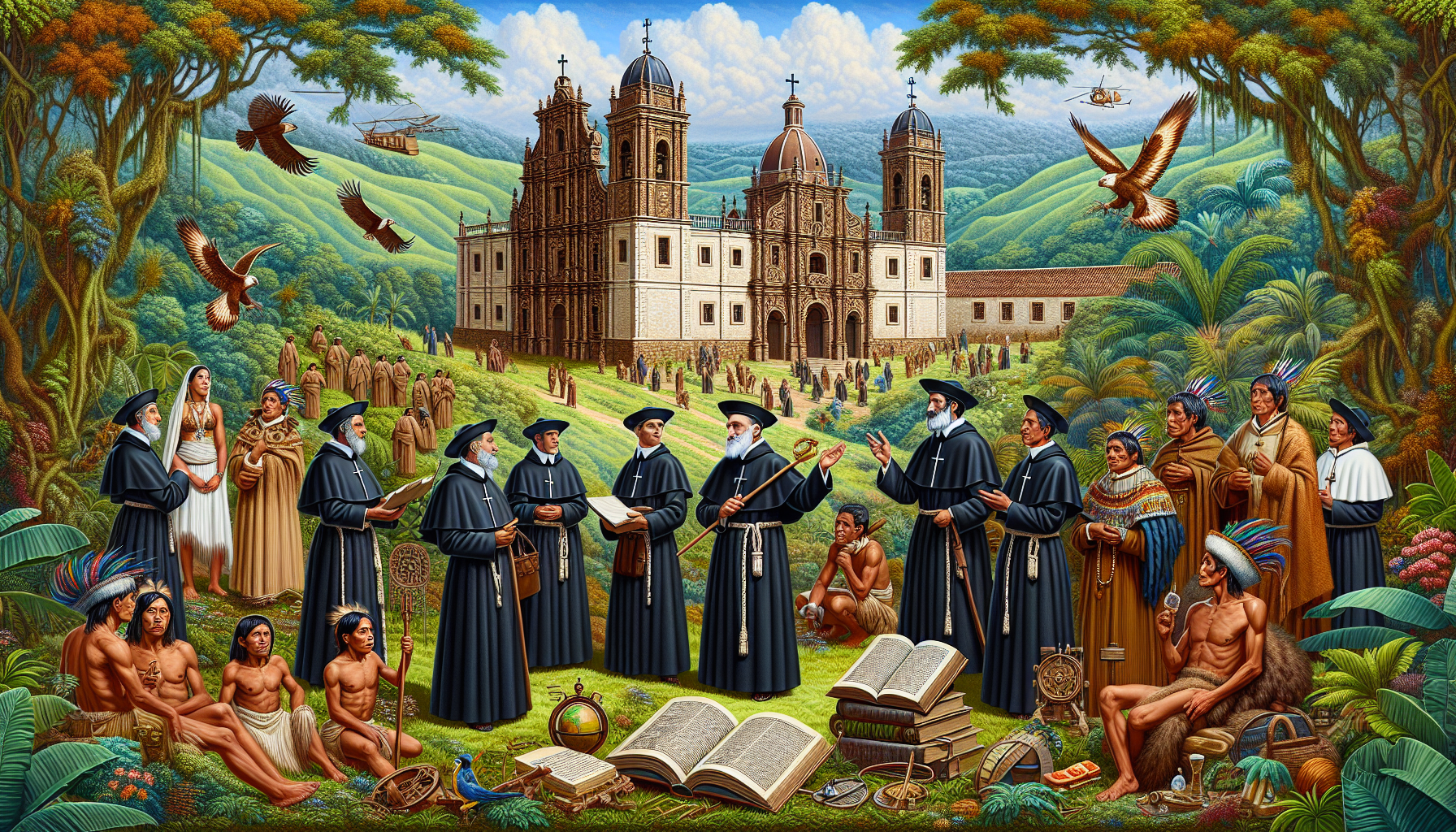 A detailed painting of Jesuit missionaries from the 16th century, dressed in traditional black robes, teaching indigenous people in a lush South American landscape; in the background, a beautifully co