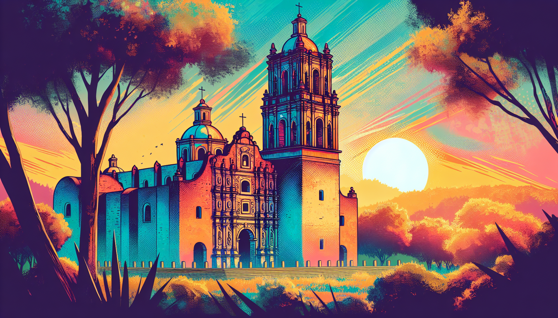 Create an image of the oldest church in Mexico enveloped in the soft, warm glow of the setting sun, showcasing its historic architecture and rich cultural significance. The church should be surrounded