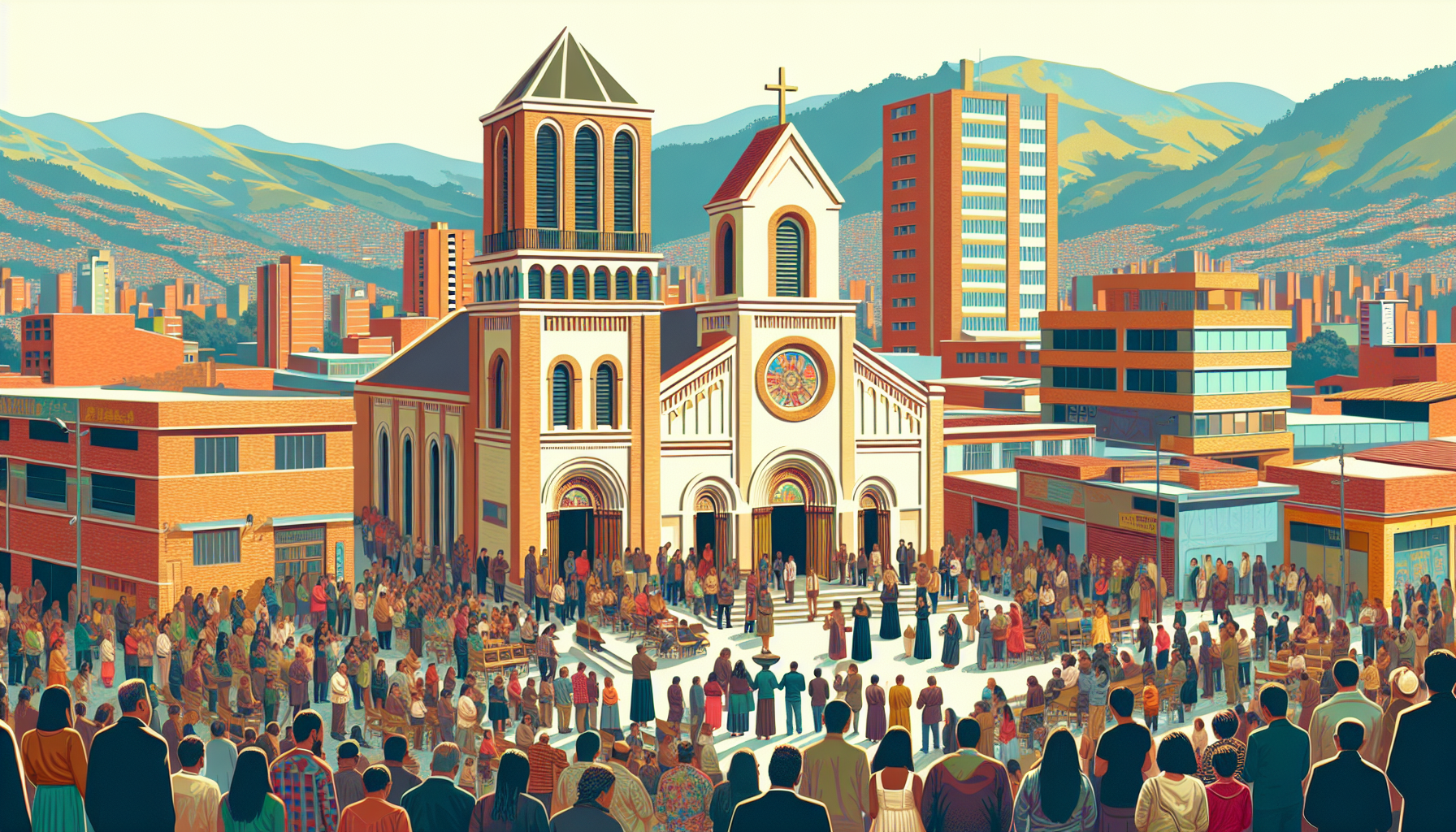 Create an image depicting various Christian churches in Bogotá, Colombia, showcasing their architectural styles and vibrant community life. Include scenes of people engaging in worship, socializing, a