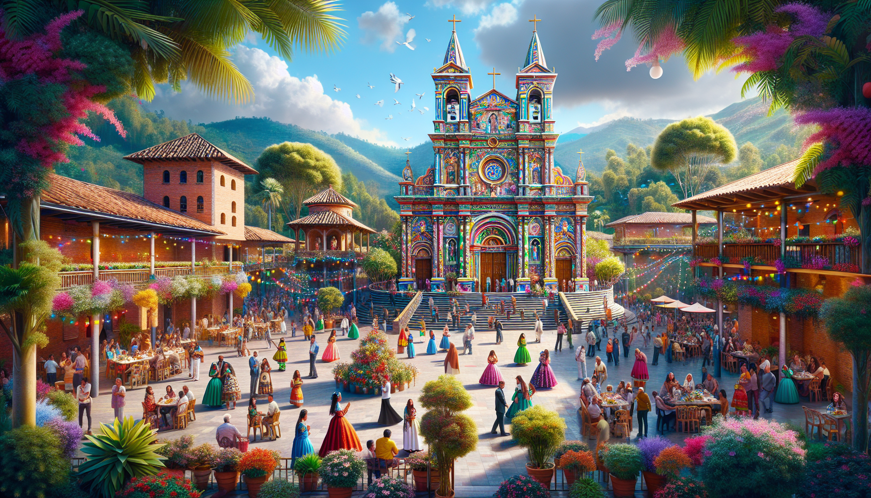 Create an image of a vibrant Christian church community in Medellín, Colombia. The scene should feature a beautifully designed church building with intricate architecture, surrounded by trees and flow