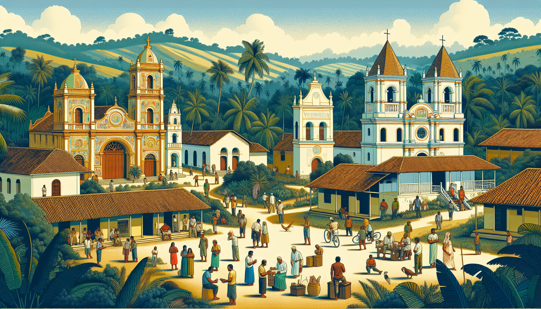 Create a detailed and vibrant image of various Christian churches in Villavicencio, Colombia, set against a lush, tropical background. Highlight diverse architectural styles, including traditional and