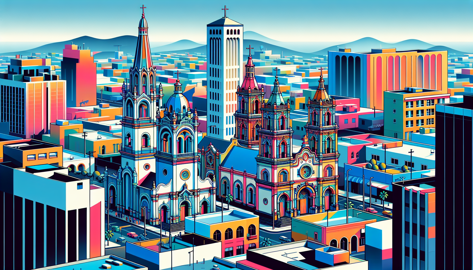 Create an image of a series of iconic churches in Tijuana, Mexico, showcasing the diverse architecture and spiritual significance of these places of worship in the border city. Capture the unique blen