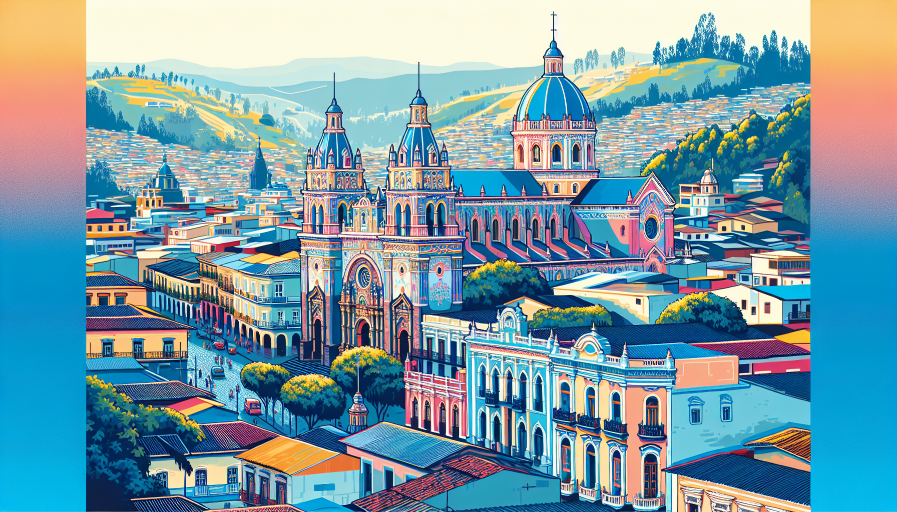Create an image of the historic city of Cuenca, Ecuador, featuring a panoramic view with multiple churches of various architectural styles scattered across the landscape. Highlight the iconic blue dom