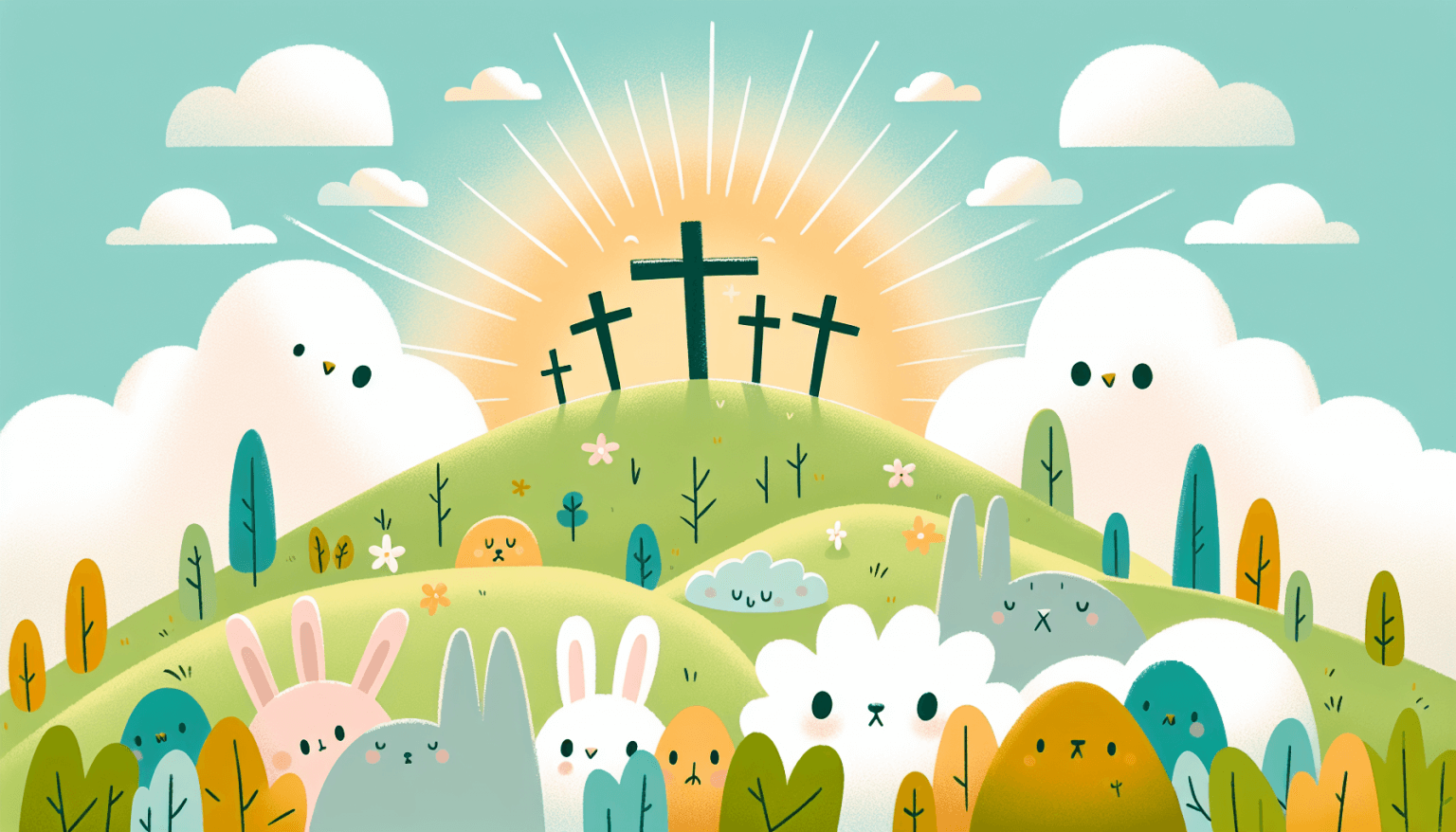 Colorful, child-friendly illustration of a gentle hill with three simple crosses under a bright sky, surrounded by diverse cartoon-style animals quietly watching, conveying a calm and non-graphic repr