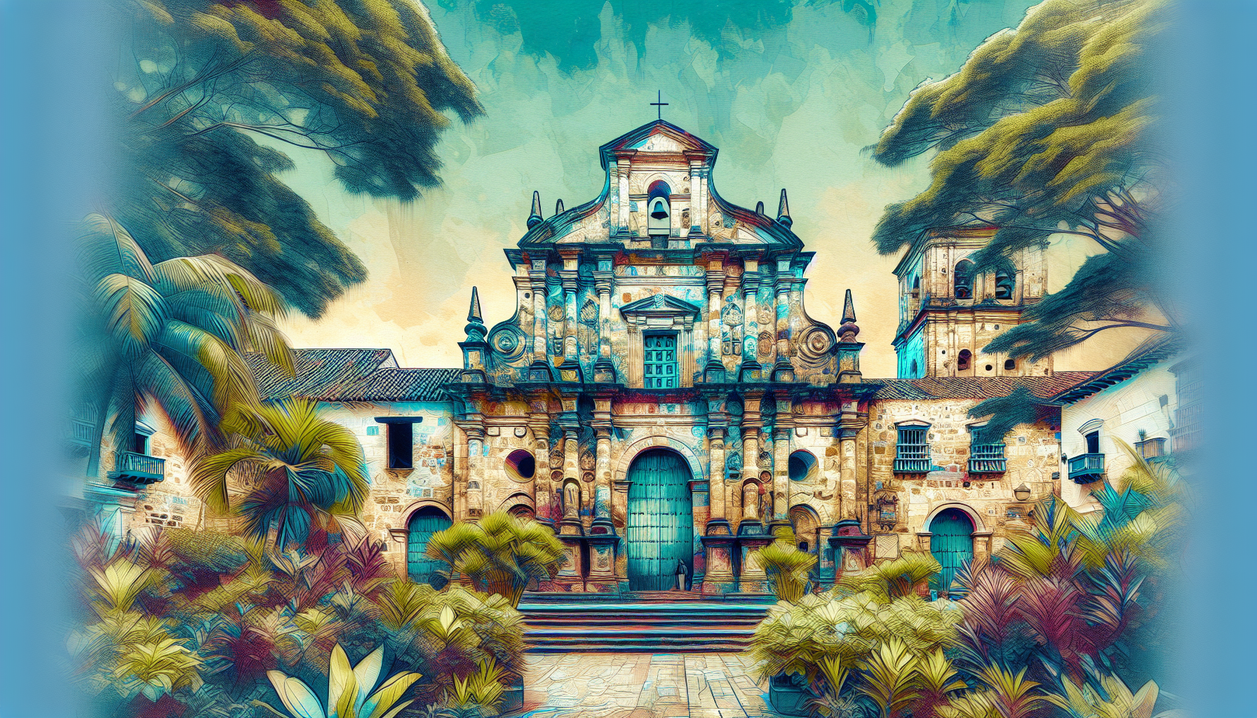 An artistic depiction of the Iglesia de San Francisco, the oldest church in Colombia, showcasing its historic stone facade and colonial architectural features. Include surrounding lush greenery and a