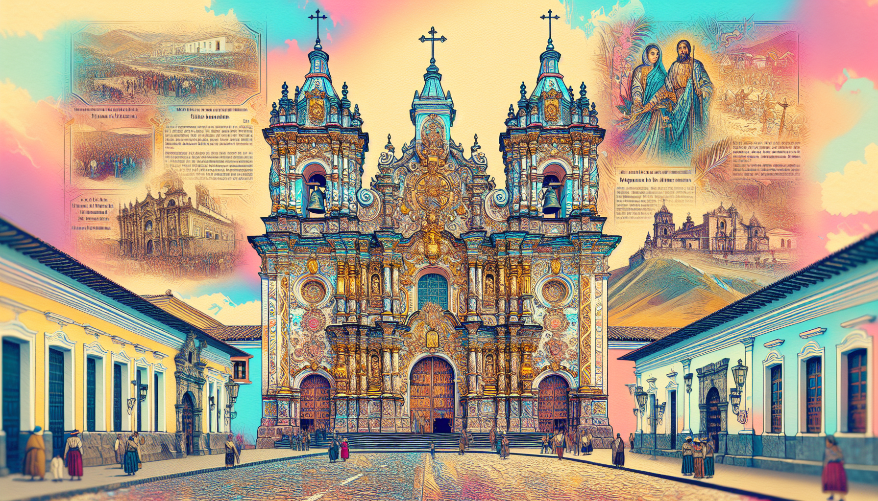 Generate an image of the historic Quito Church, La Compañía de Jesús, set against a vibrant Ecuadorian landscape. The foreground should feature intricate Baroque architectural details, adorned with go