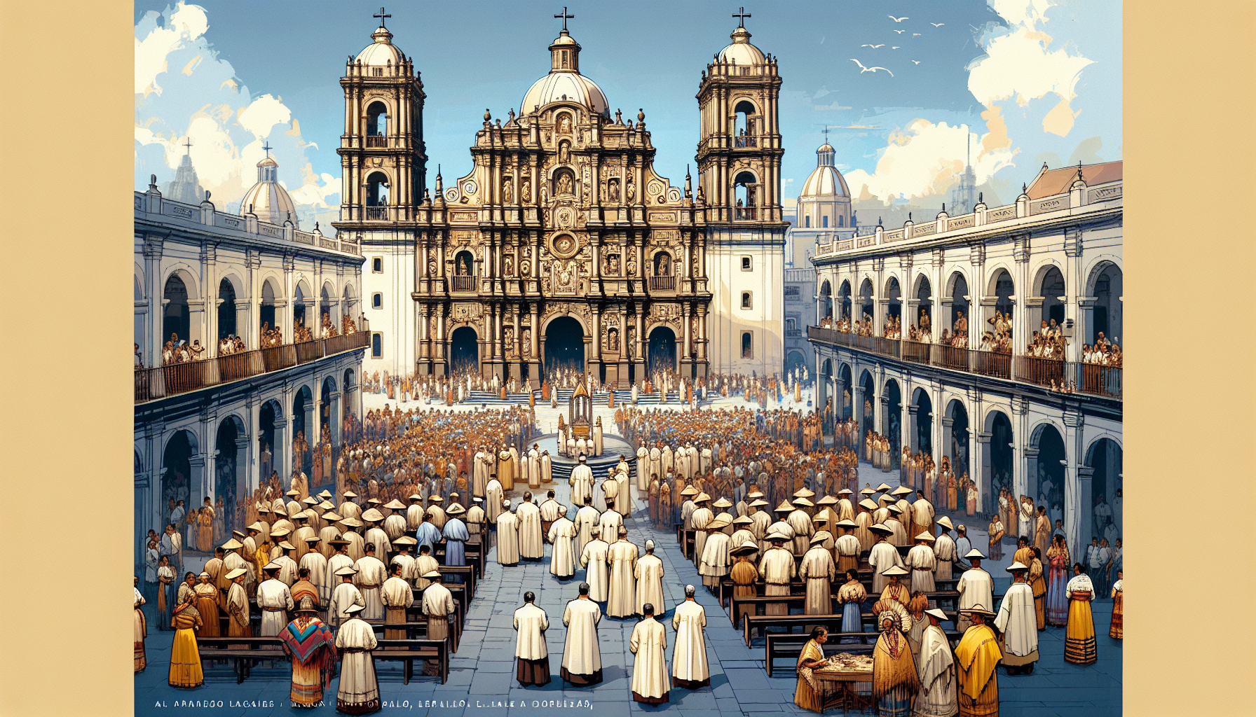 Create an image of a grand cathedral in the heart of Nueva España, bustling with activity as churchgoers gather for a religious service. The architecture should reflect the rich colonial style of the