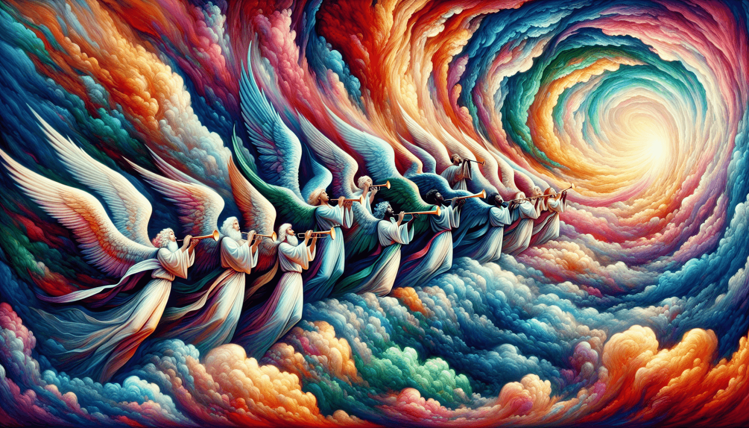 An artistic representation of seven angels playing trumpets against a backdrop of dramatic skies and unfolding mystical events, depicting symbolism from the Book of Revelation.