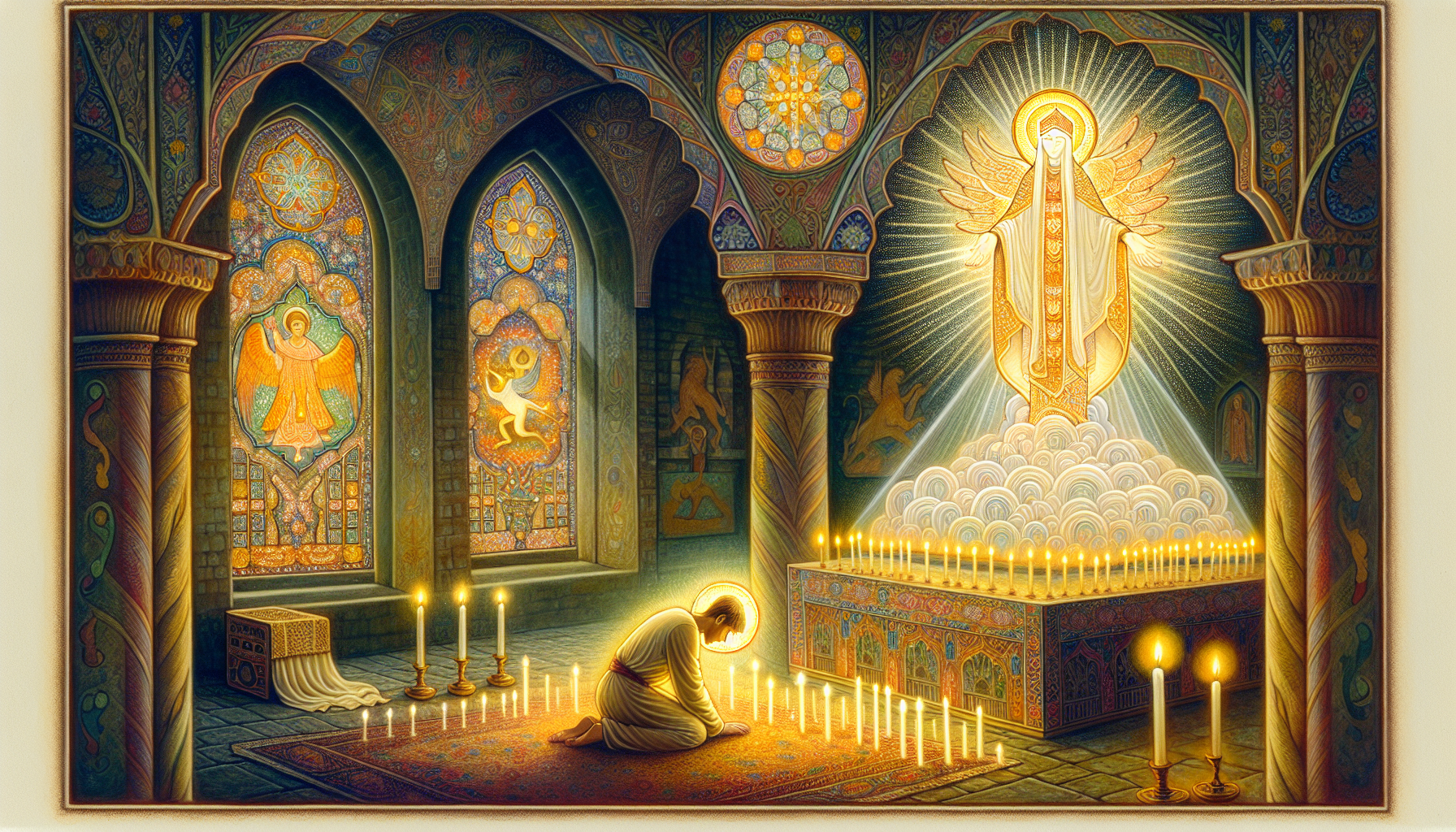 A detailed, ethereal artwork depicting a serene medieval church setting adorned with candles and stained glass windows, showing a devout figure kneeling in prayer to Saint Mark of Leon. The atmosphere