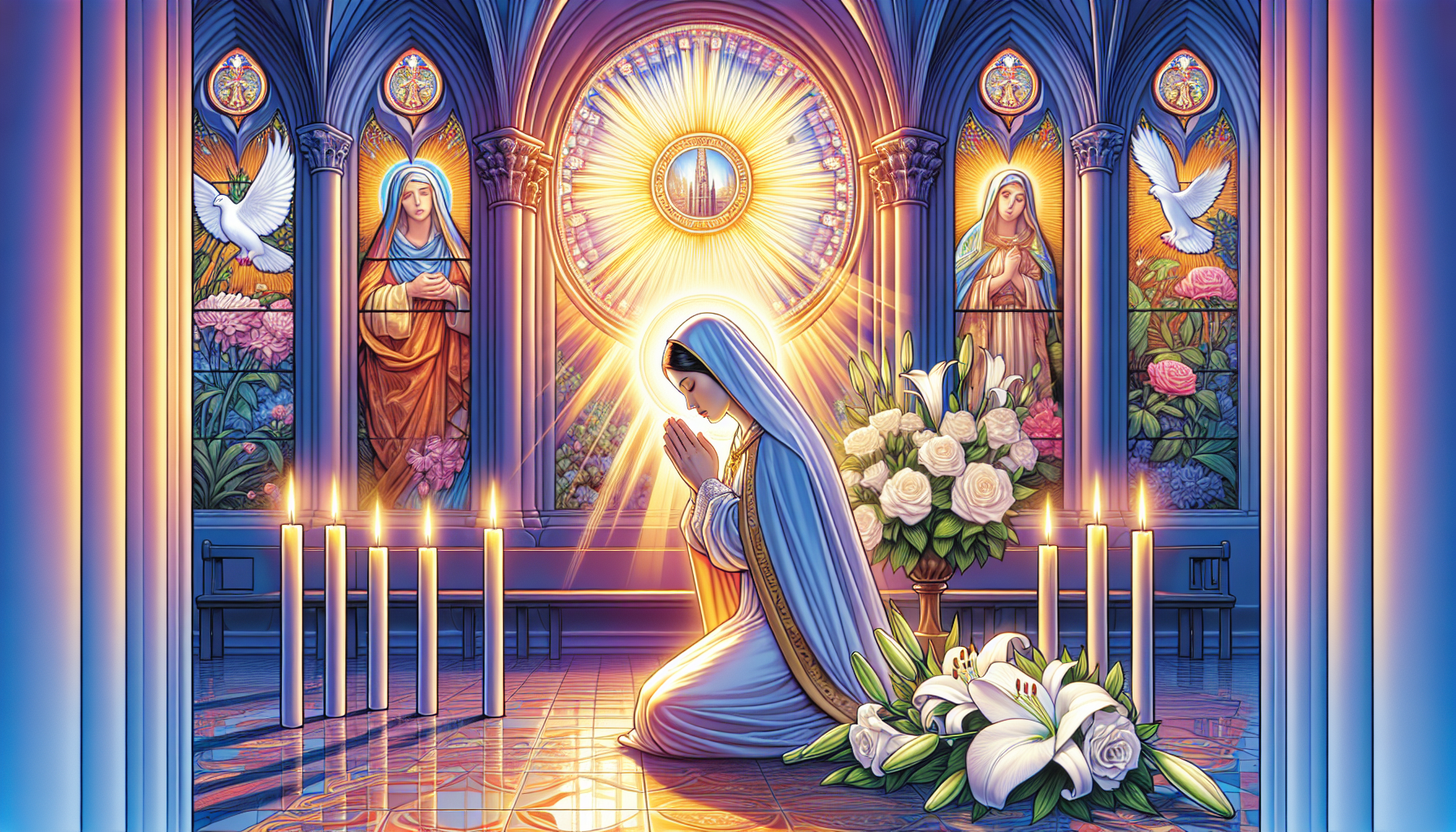 Create an image of a serene and sacred scene featuring Santa Clara, the patron saint of clarity and light. She is depicted kneeling in prayer inside a beautiful, historical church with sunlight stream