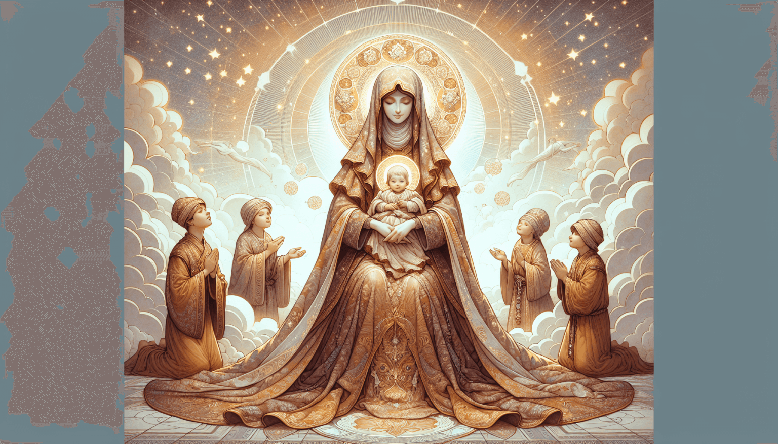 An ethereal and serene image of the Virgin del Carmen, bathed in a soft, heavenly glow. She is adorned in flowing, richly detailed garments with warm tones of brown and gold. In her arms, she cradles