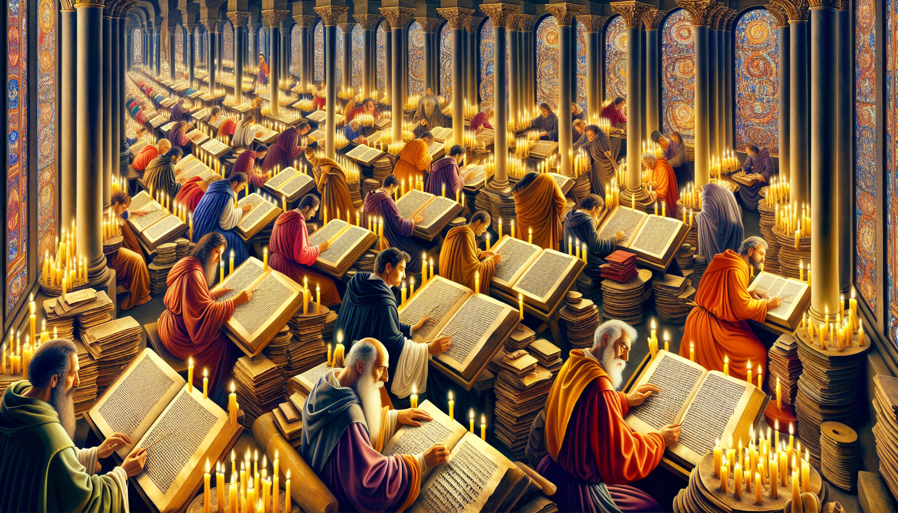 An artistic depiction of ancient scribes writing the New Testament manuscripts in a candlelit monastery library, filled with scrolls and parchments, during the early Christian era.