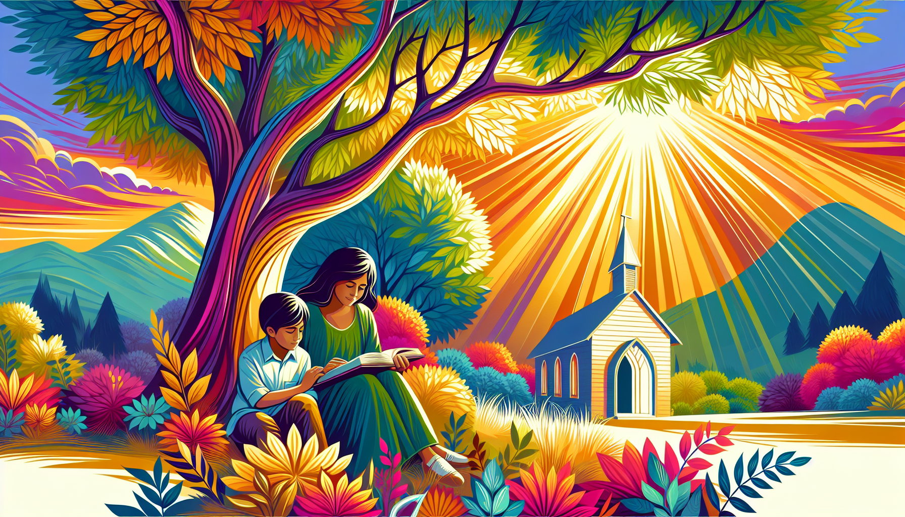 A serene, peaceful image of a mother and child sitting under a blossoming tree, reading a Christian poem together, with soft sunlight filtering through the leaves and a small, open chapel visible in t