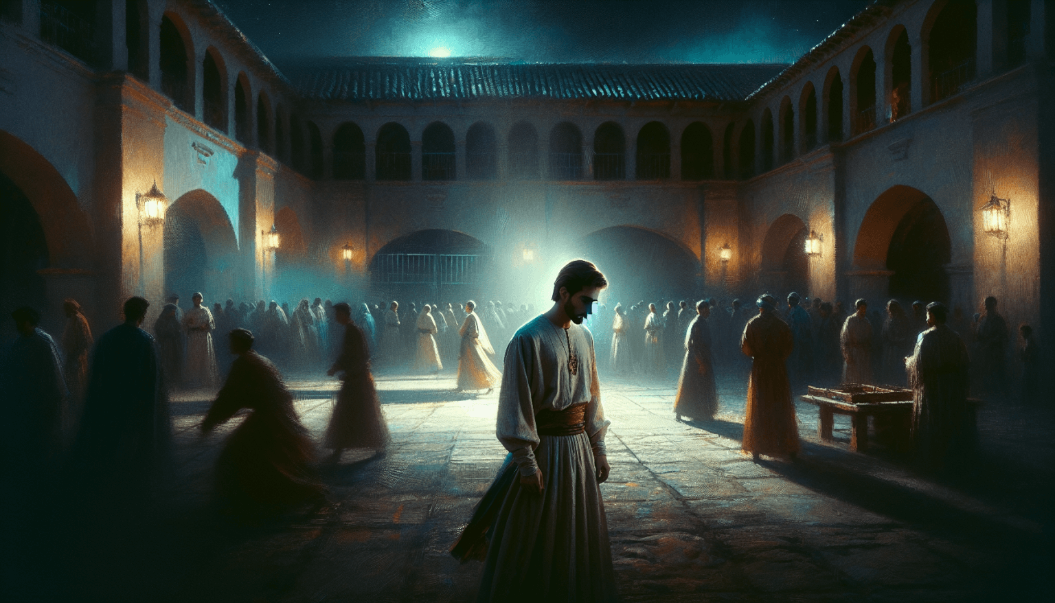 An emotional scene at night depicting Pedro in a humble garment, standing in a dimly lit ancient courtyard, surrounded by ambiguous figures, as a rooster crows in the background, illustrating the Bibl