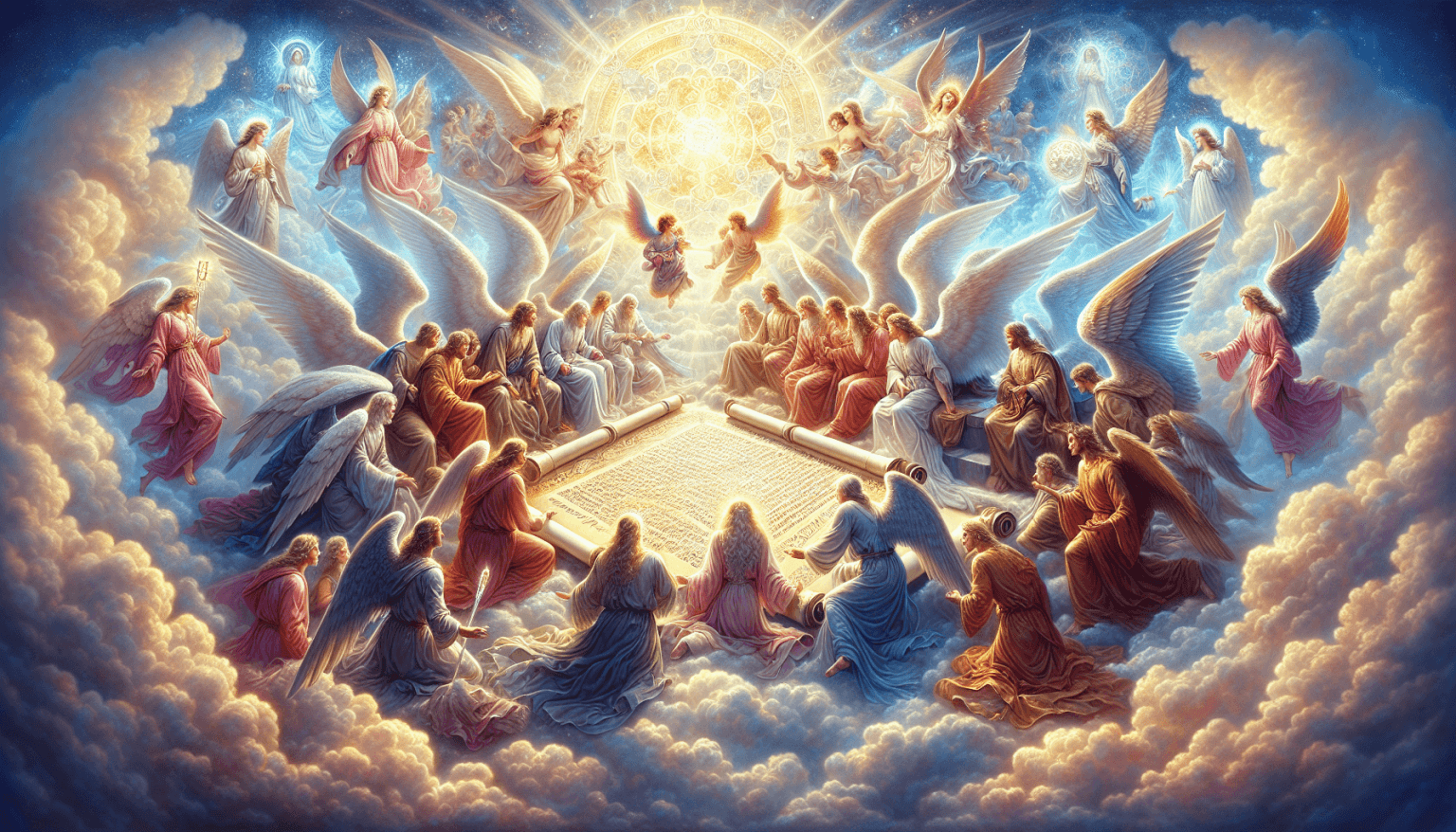 An ethereal depiction of a celestial meeting, with radiant angels and divine figures gathered around an intricate, ancient scroll, set against a backdrop of heavenly clouds and soft, glowing light, il