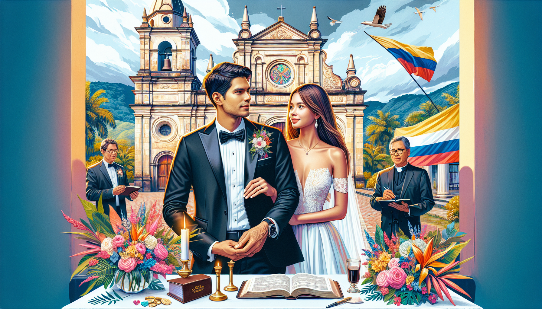 Create an image of a couple standing in front of a historic Colombian church, holding hands and dressed in elegant wedding attire. The scene should include traditional elements such as a bible and mar