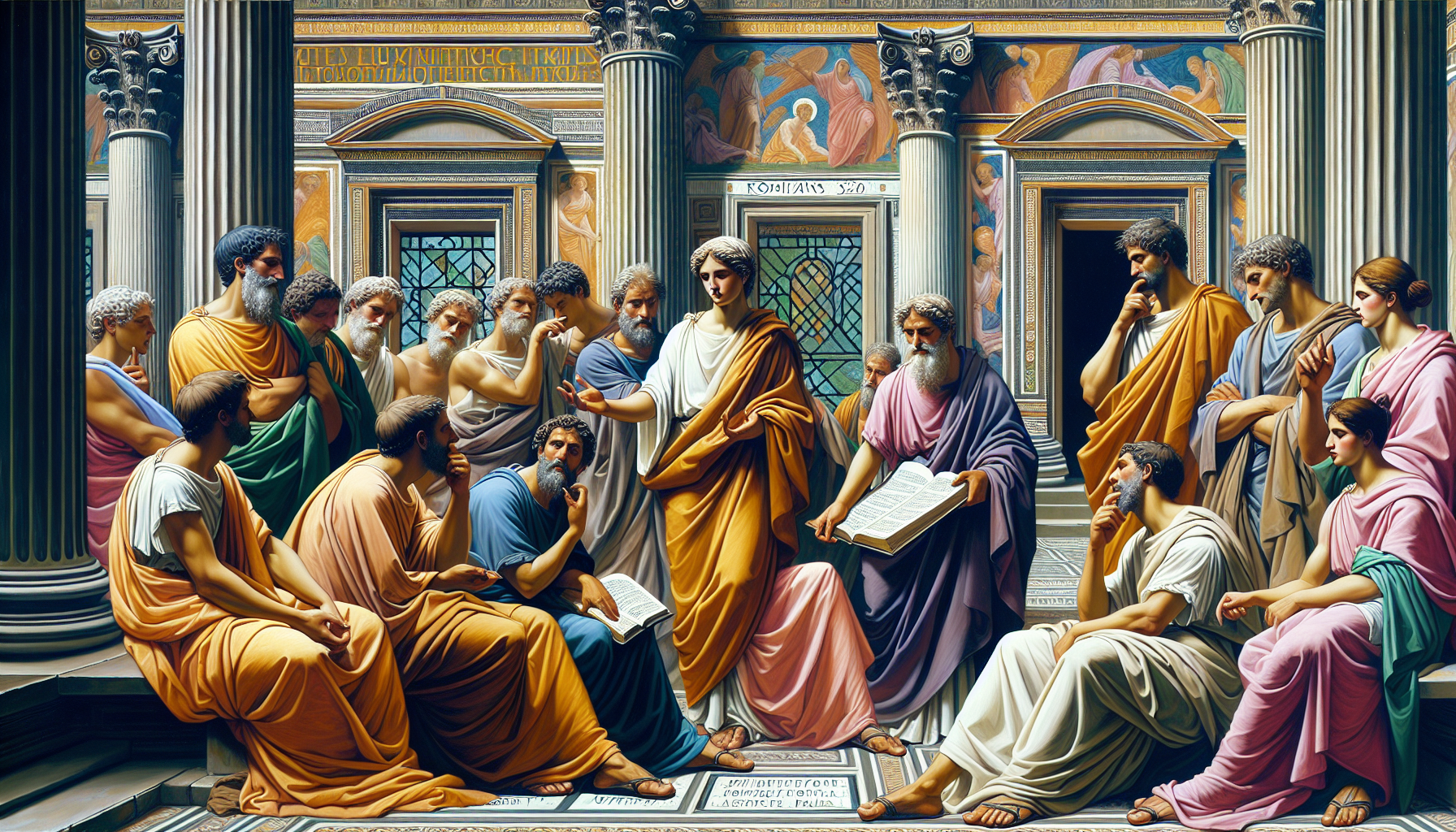 An artist's depiction of ancient Roman figures in togas, gathered around and discussing the scripture from Romans 3:20, in a setting blending early Christian iconography with classical Roman architect