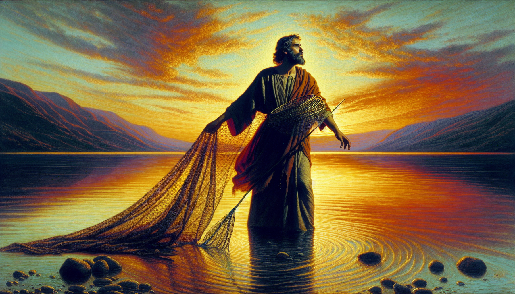 An artistic representation of San Andrés Apóstol standing by the shores of the Sea of Galilee, holding a fishing net, with a serene sunset in the background, symbolizing his life as a fisherman and fo