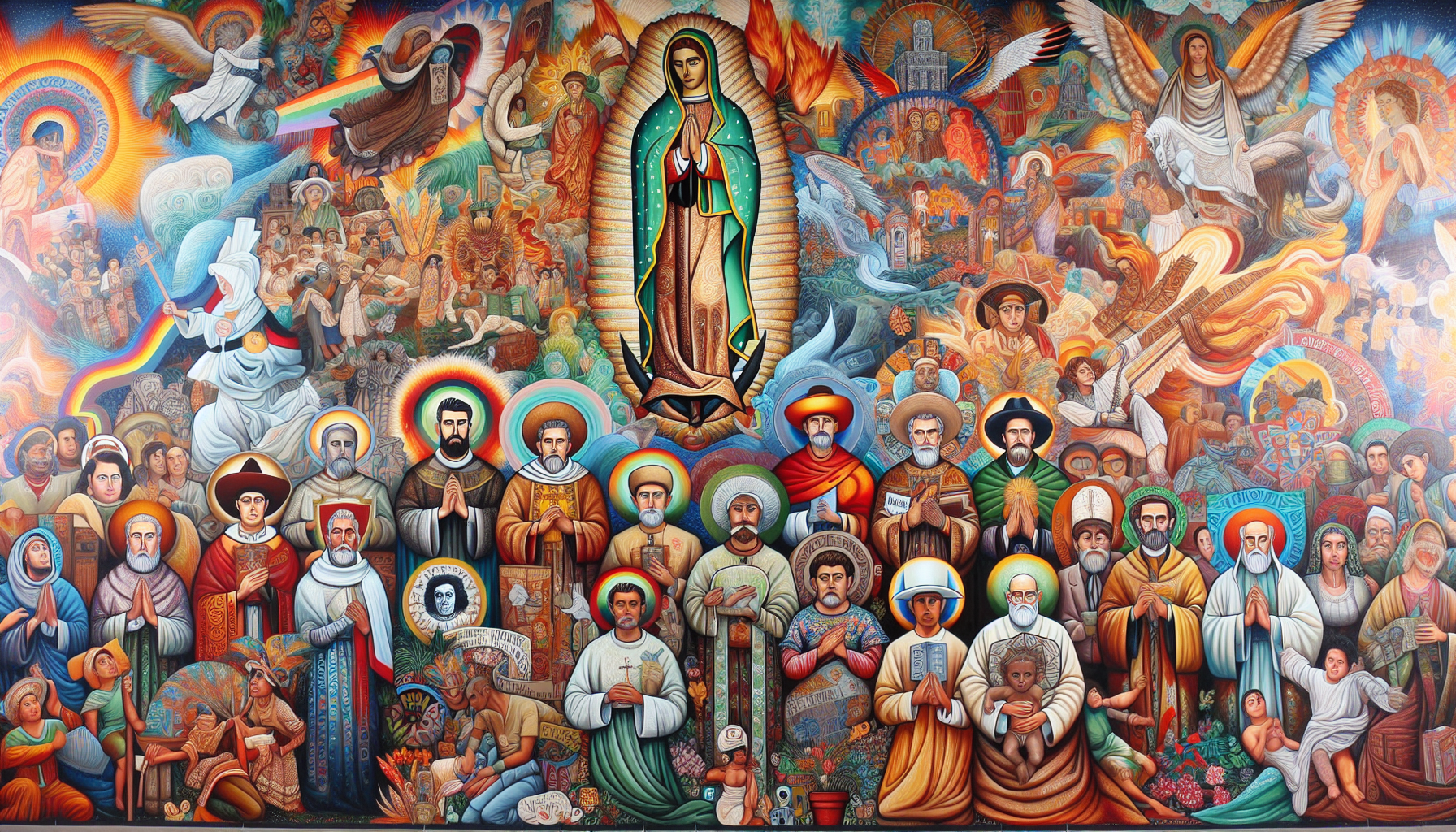Create an image of a colorful and vibrant mural in Mexico featuring a collection of different Mexican saints, with each saint depicted in a unique and culturally significant way. The mural should show