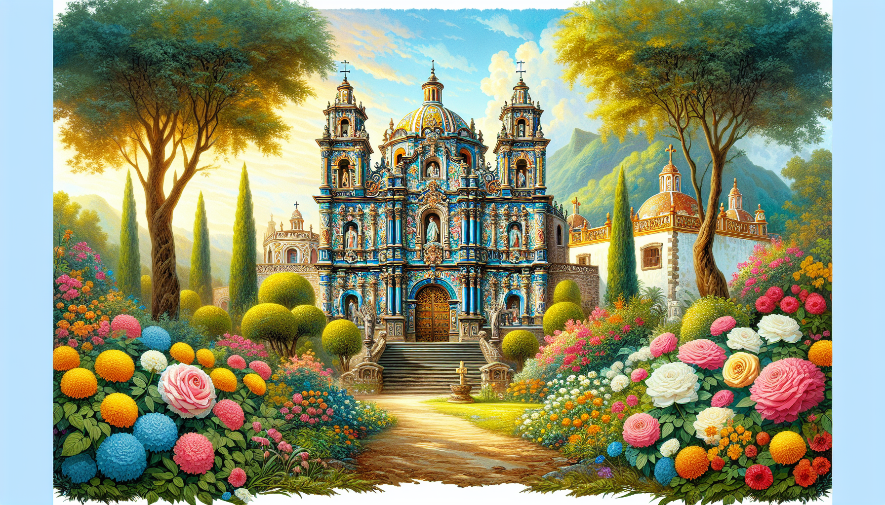 Create an image of a picturesque Catholic sanctuary in Mexico, showcasing ornate architecture and vibrant colors, surrounded by lush greenery and blooming flowers. Capture the essence of spirituality