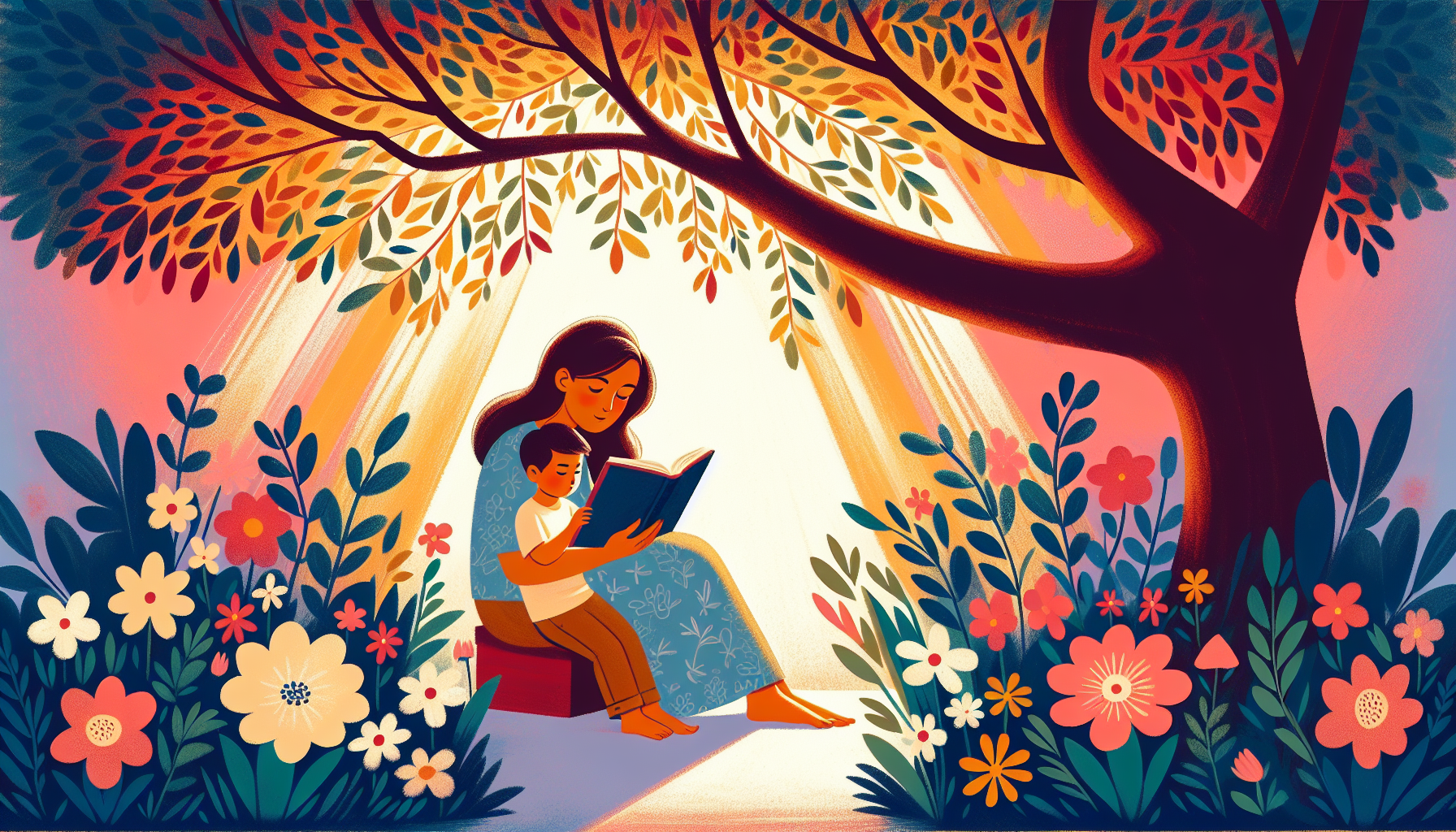 Peaceful garden setting with a mother and child reading the Bible together under a blossoming tree, surrounded by colorful flowers and soft afternoon light.