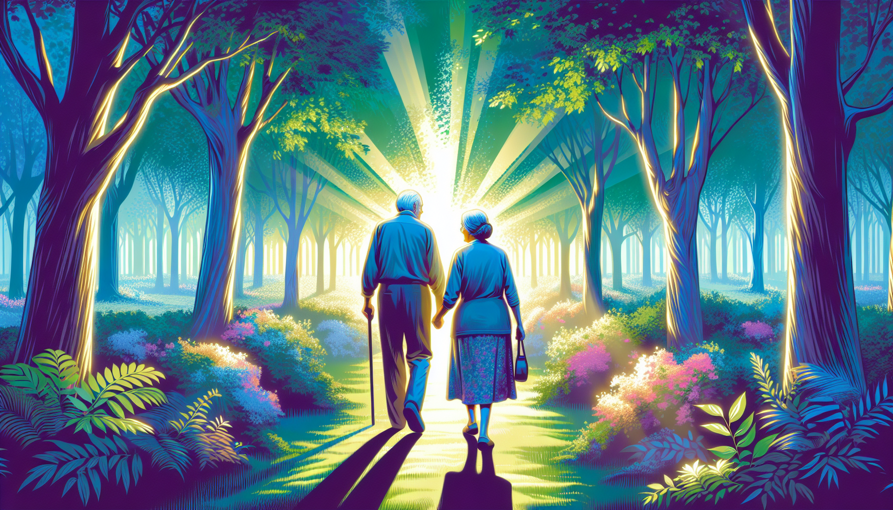 An elderly couple walking hand-in-hand through a beautiful, tranquil garden, with soft sunlight filtering through the trees, reflecting a serene and loving atmosphere.