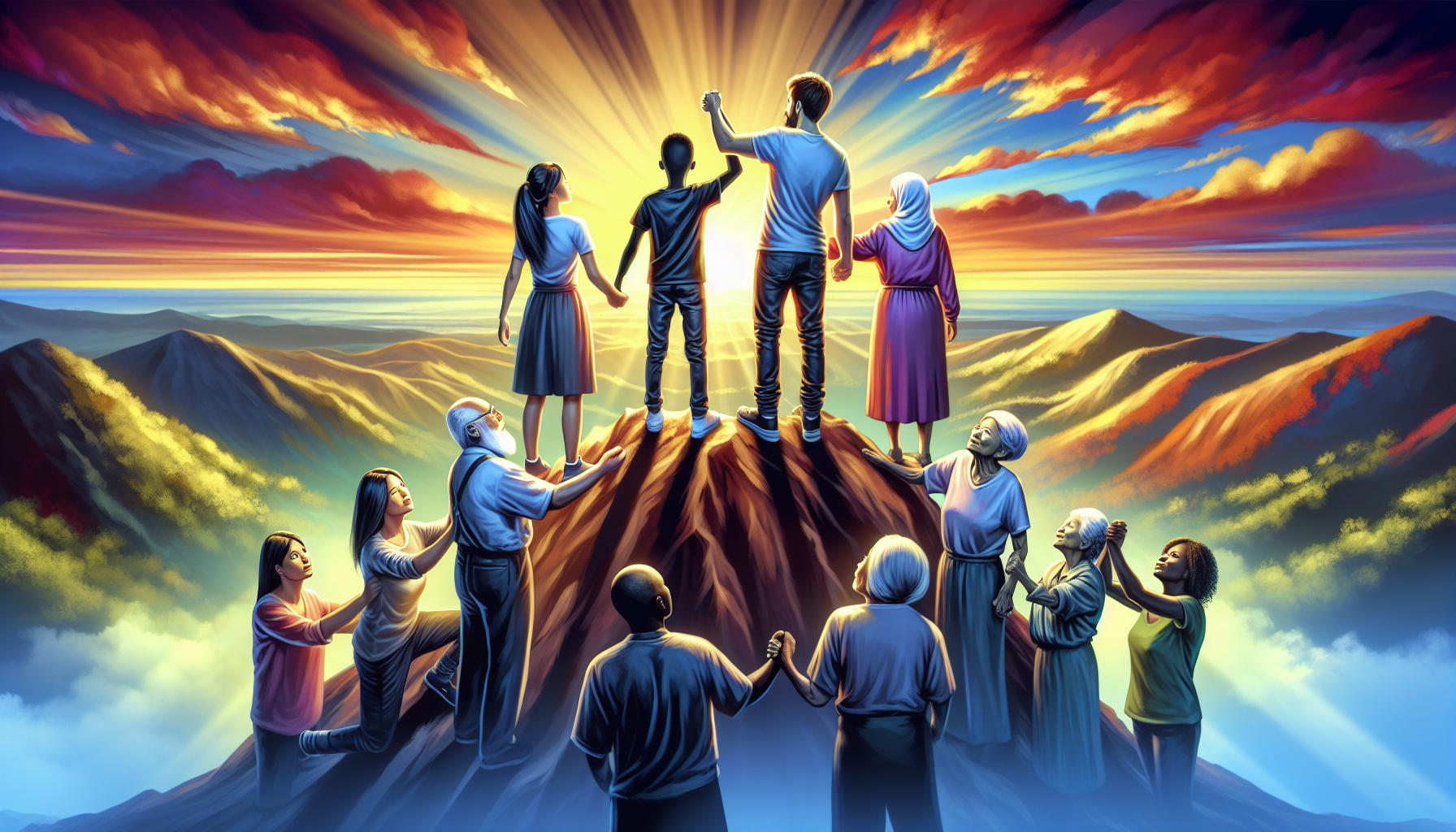 An inspirational digital painting of a diverse group of people standing on the peak of a mountain, uplifting each other, with the sunrise in the background and the phrase 'Puedo hacer todas las cosas