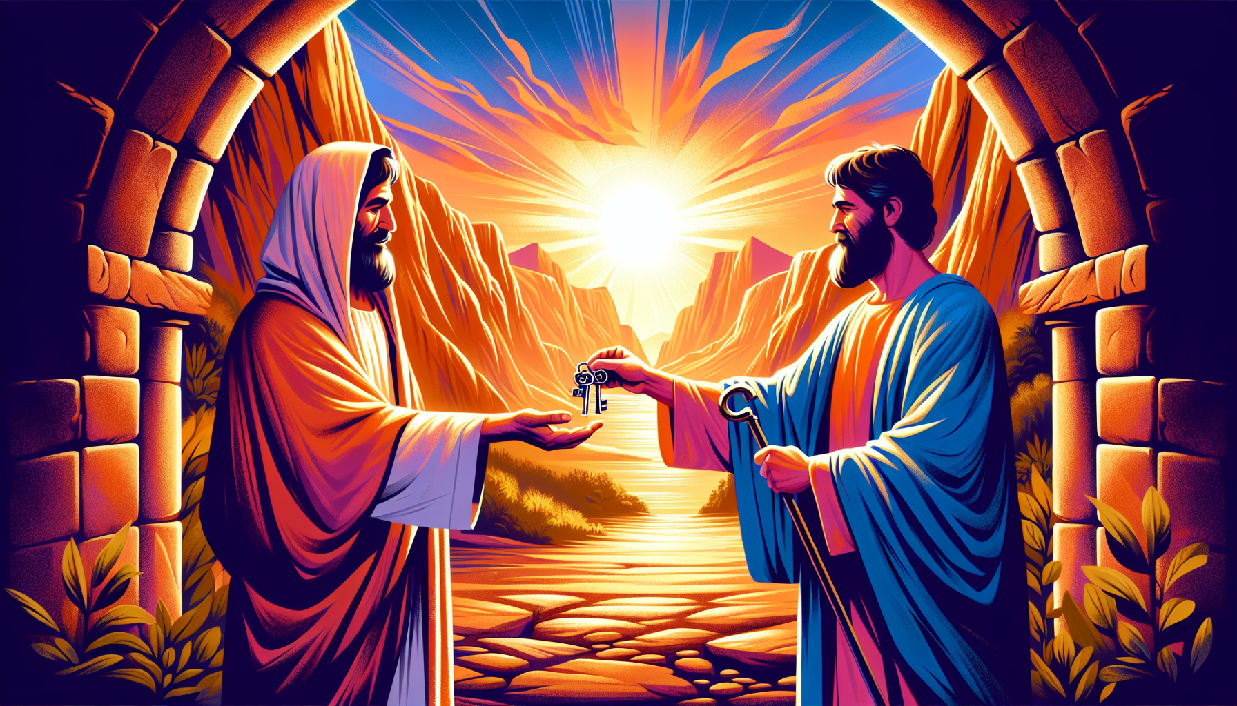 Artistic portrayal of Jesus entrusting Peter with the keys to the Church, set in an ancient, serene landscape under a radiant sunset.