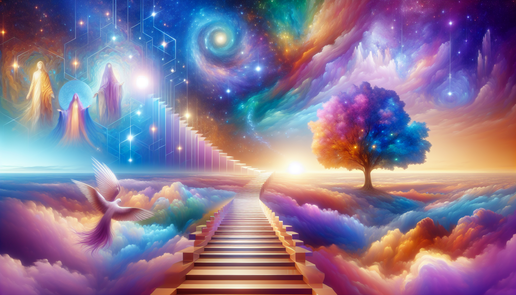 Create a surreal and ethereal scene that represents the concept of Eternal Life. Incorporate elements such as an infinite staircase leading to the heavens, a glowing tree symbolizing immortality, and