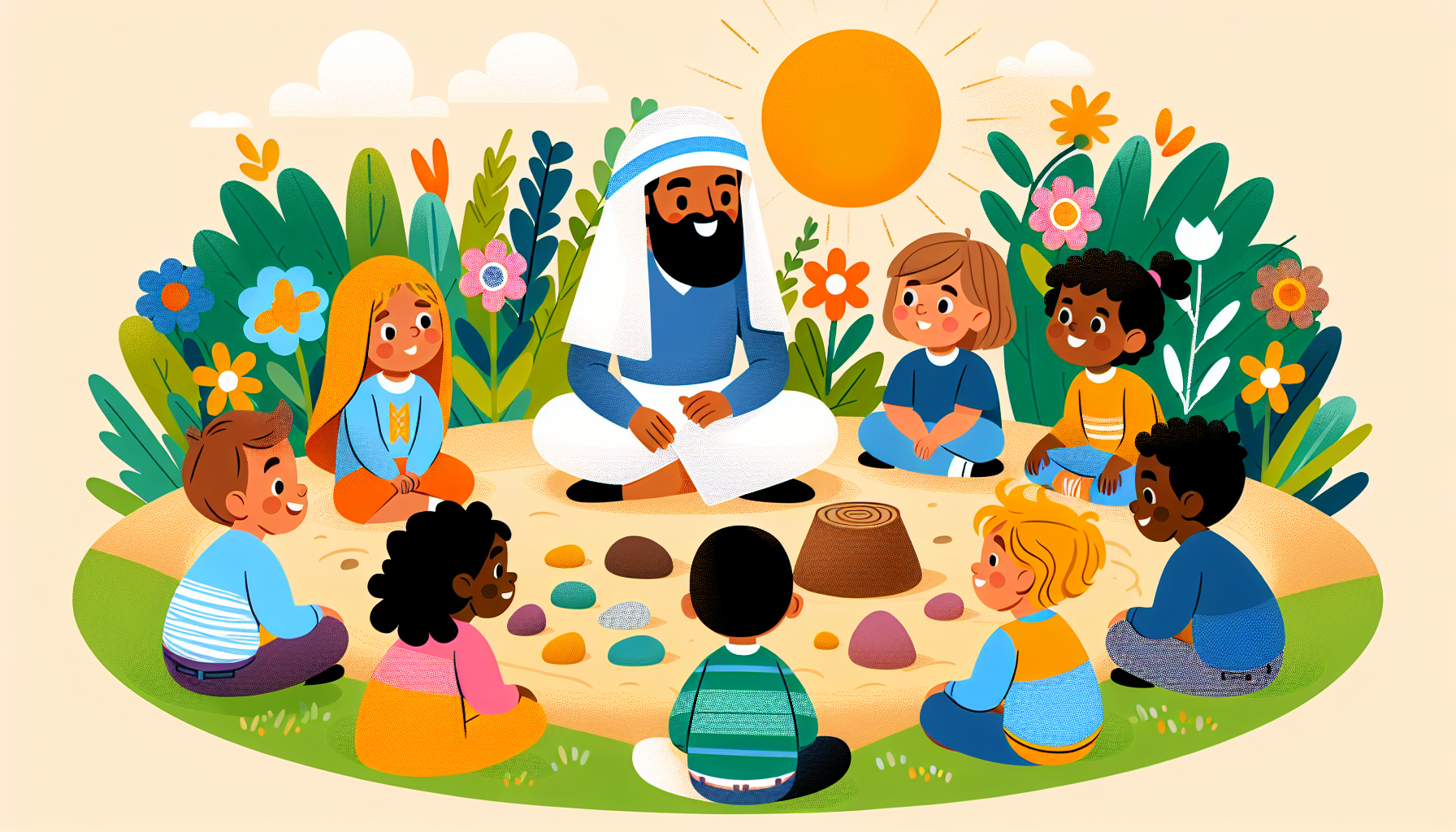 Una ilustración colorida y amigable donde un grupo de niños diversos está sentado alrededor de una persona que representa a Jesús, escuchando atentamente mientras él les explica parábolas usando objet