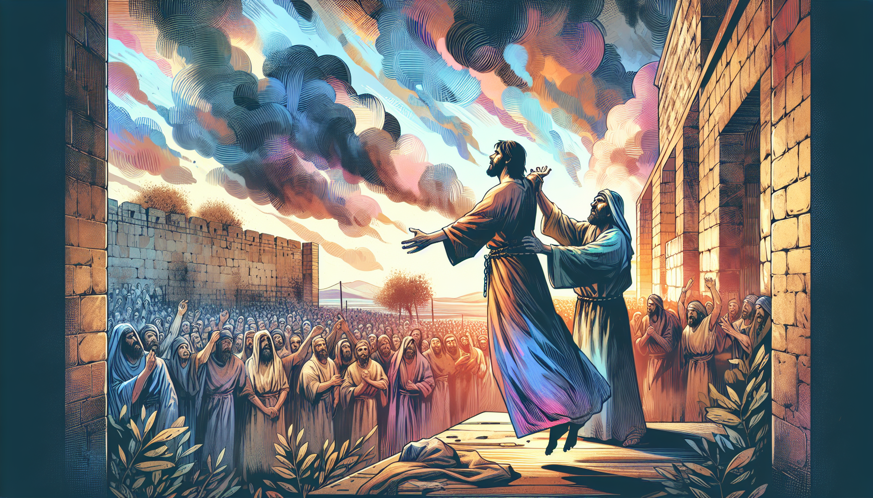 Artistic depiction of Barabbas being freed instead of Jesus, with a somber crowd in ancient Jerusalem, under a dramatic sky.