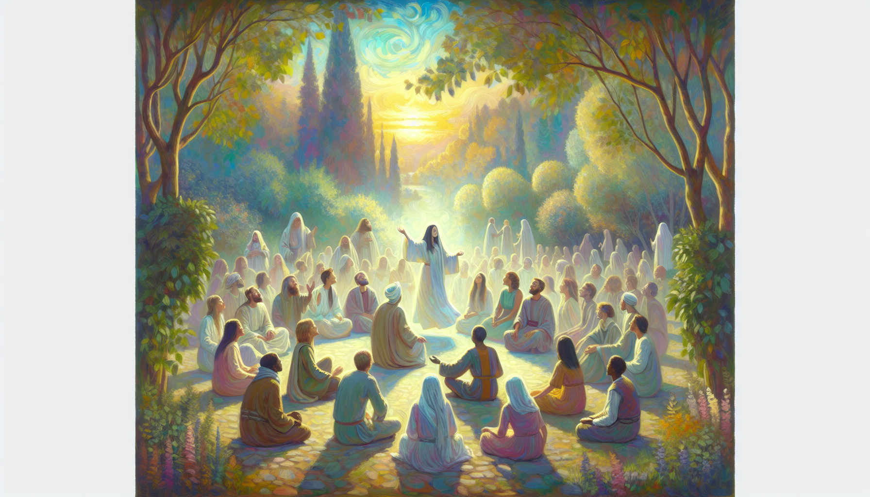 An ethereal and tranquil painting depicting a diverse group of people of various ethnicities gathered in a serene, sunlit garden, symbolically sharing and feeling the spirit among them, illustrating v