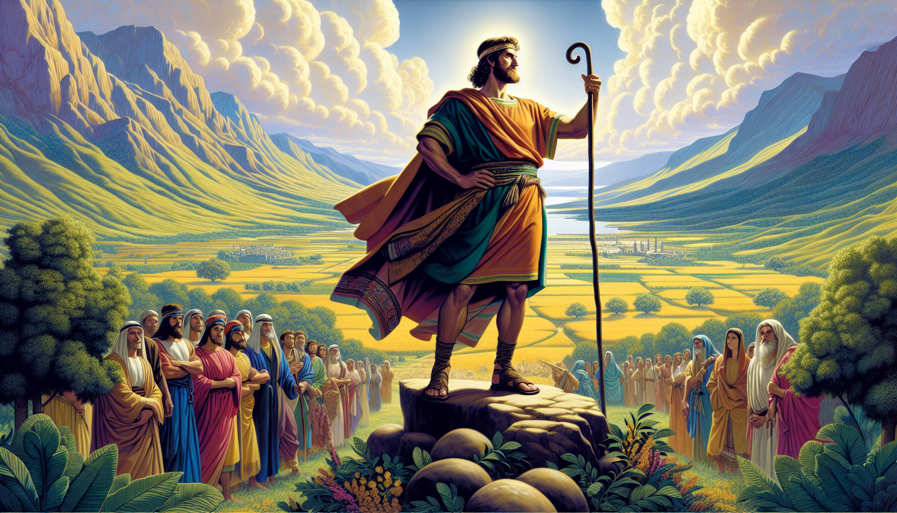 An ancient biblical scene featuring Caleb, a strong and courageous figure, standing confidently on a mountaintop overlooking the Promised Land. Dressed in traditional Israelite garments, he holds a st