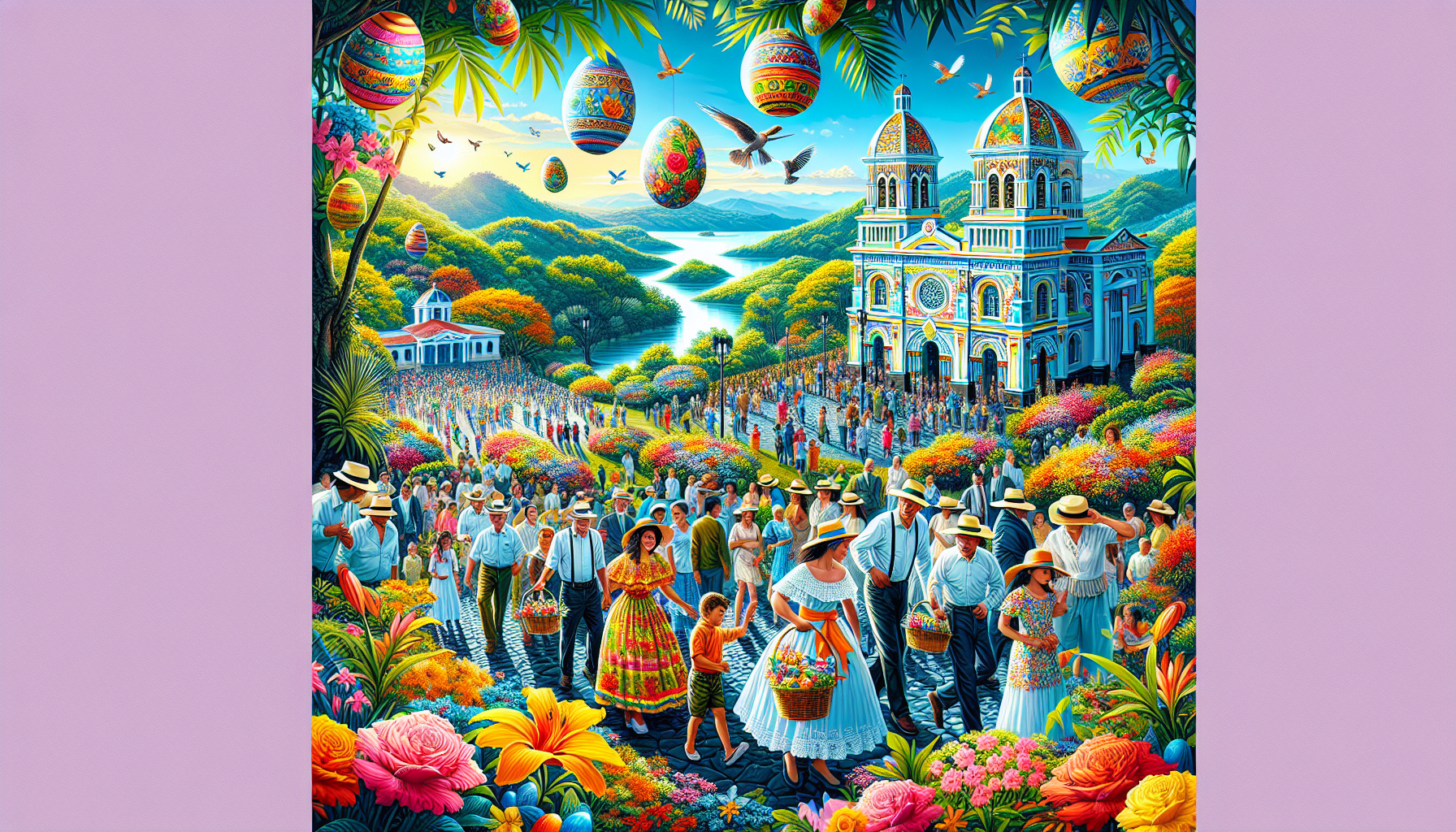 Create an image of a vibrant Easter celebration in Costa Rica, featuring colorful parades with people in traditional costumes, elaborately decorated churches, and stunning tropical landscapes. Include