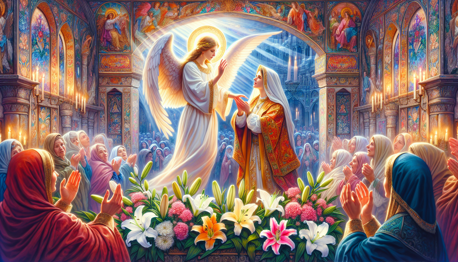 Create an image of a vibrant celebration for the Feast of the Annunciation, featuring an angelic figure (Angel Gabriel) appearing to the Virgin Mary. The scene should be set in a beautifully detailed